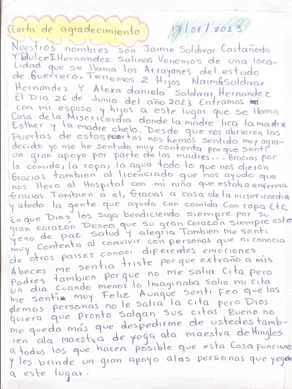 Carta de Jaime Saldívar Castañeda y Dulce J. Hernández Salinas