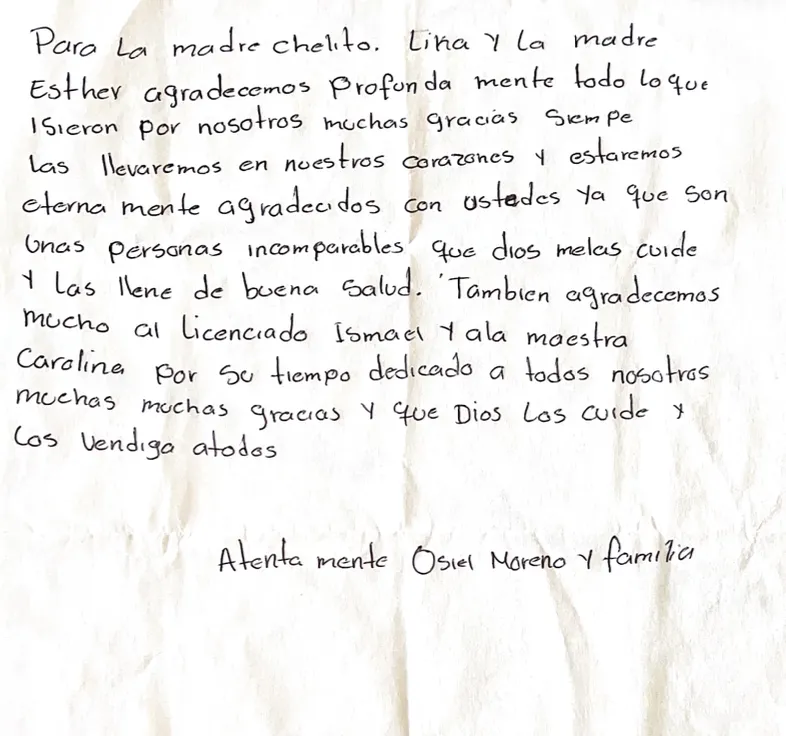 Carta de Osiel Moreno y familia