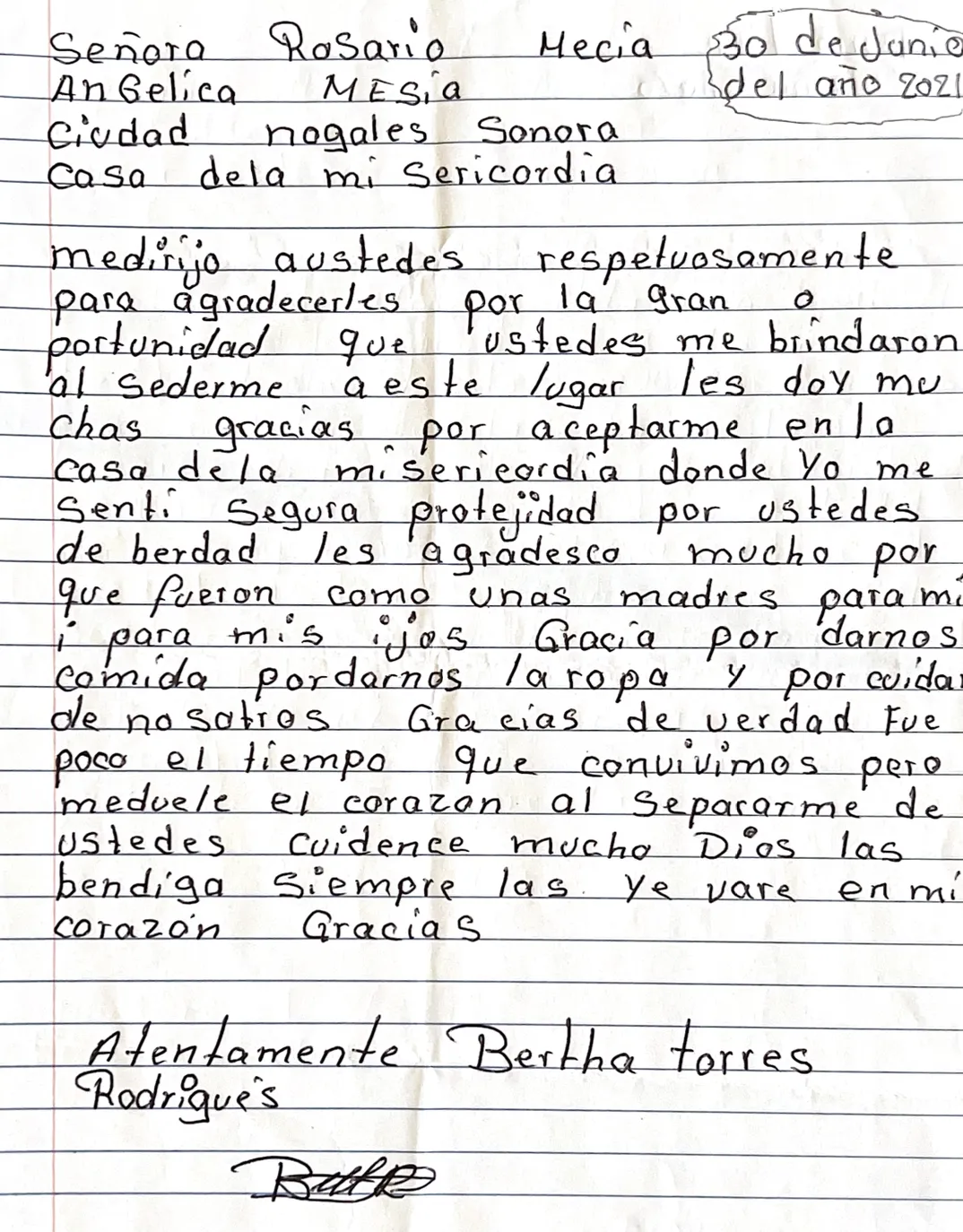 Carta de Bertha Torres Rodríguez
