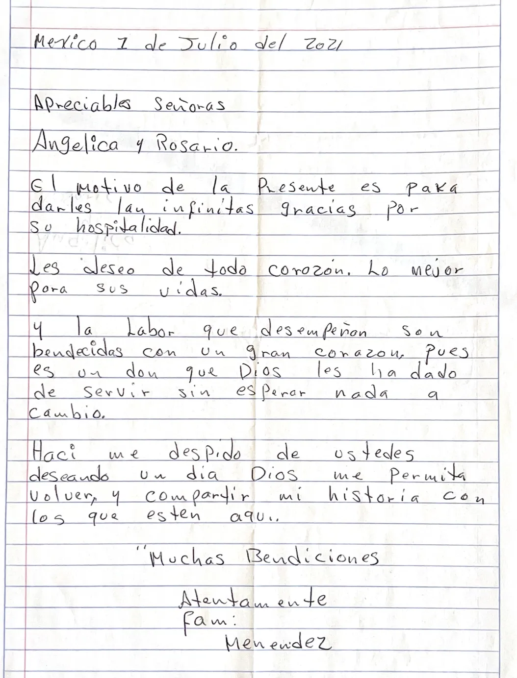 Carta de Fam. Menéndez