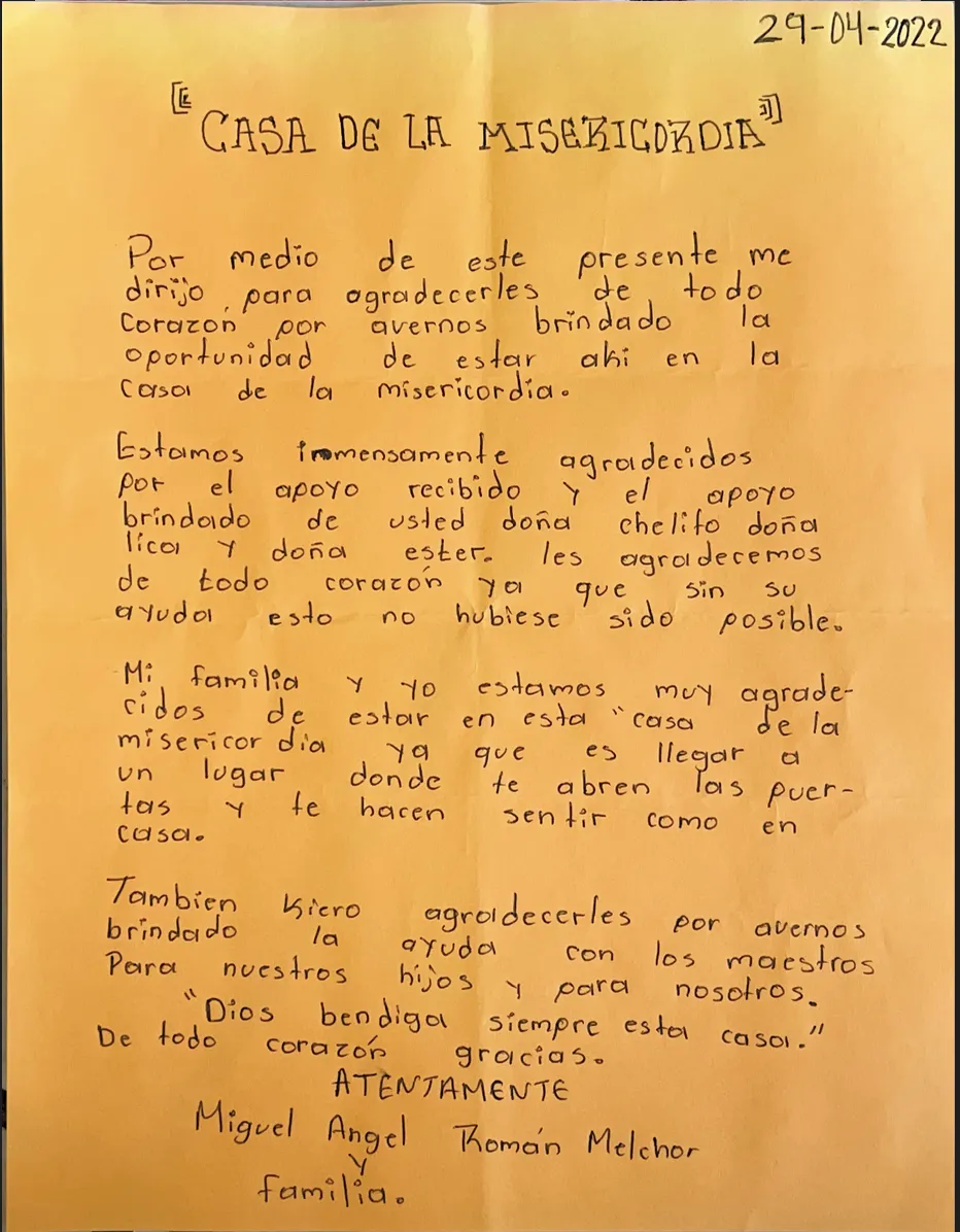 Carta de Miguel Ángel Román Melchor y familia
