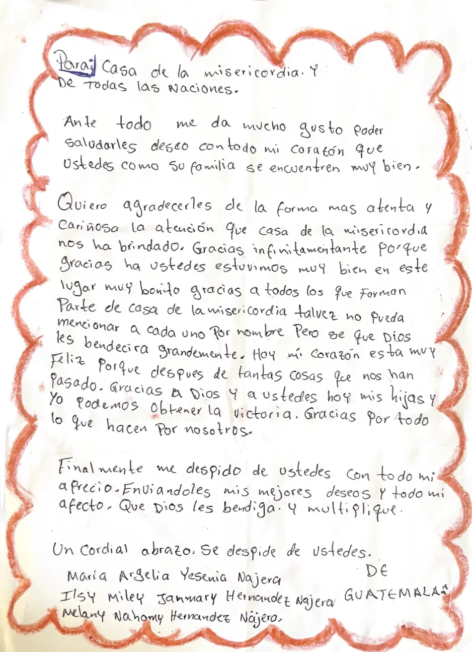 Carta de María Argelia Yesenia Nájera y familia