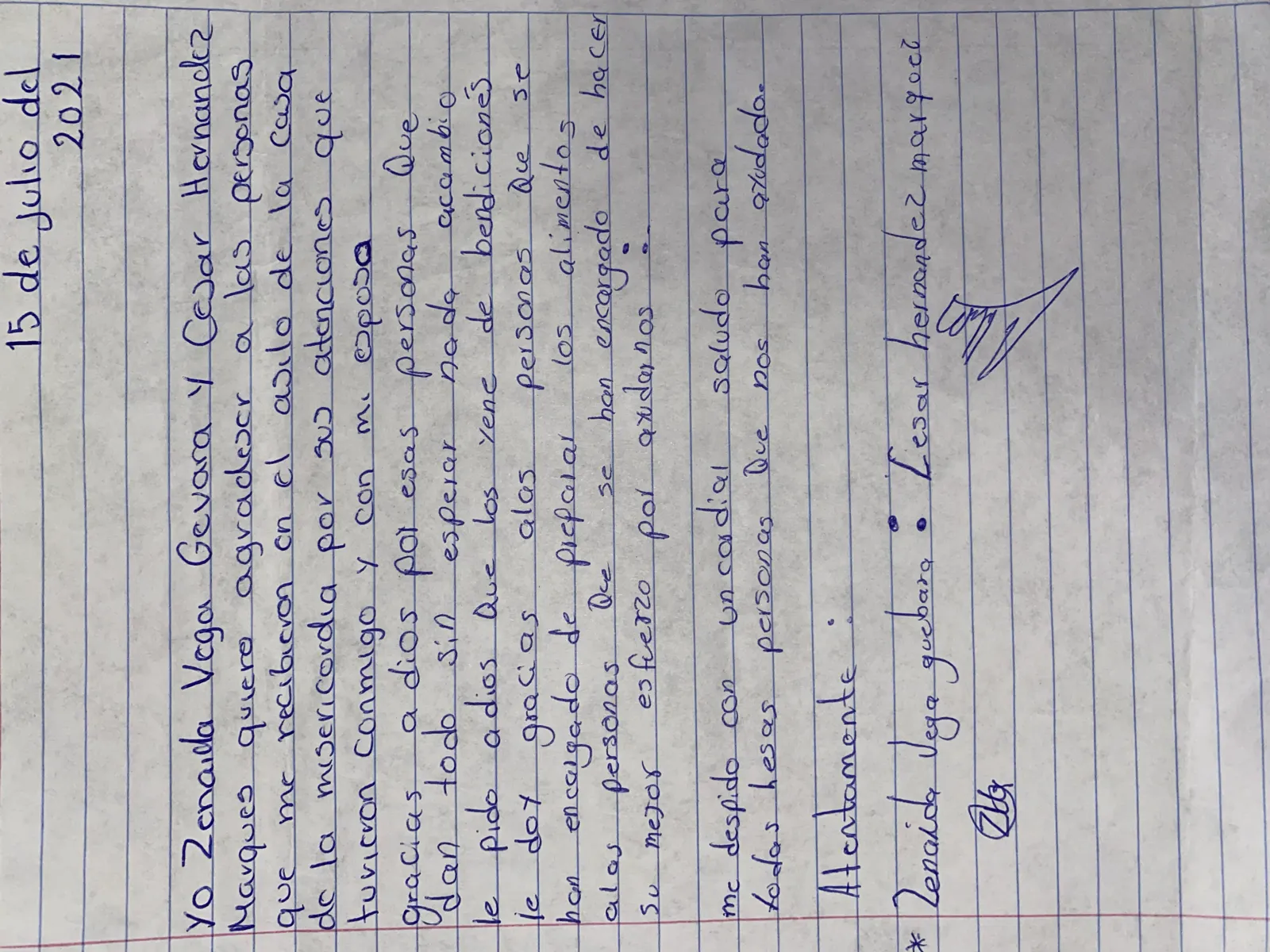 Carta de Zenaida Vega Guevara y César Hernández Márquez