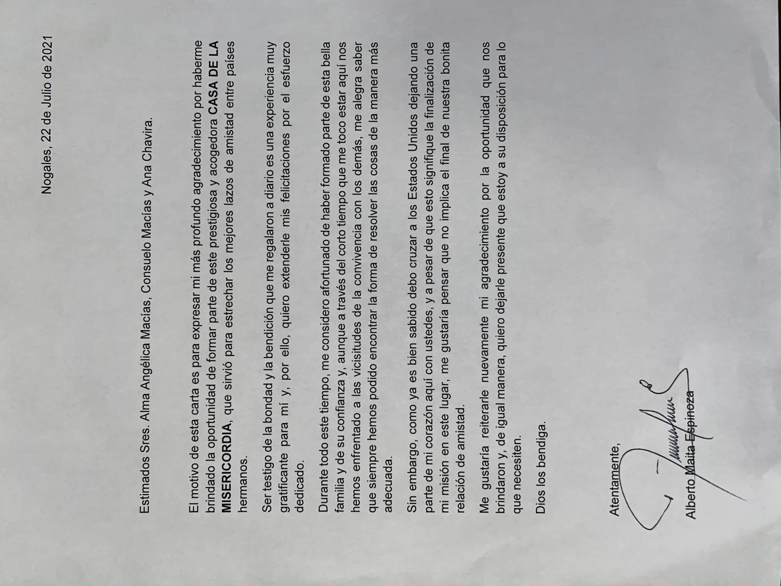 Carta de Alberto Maita Espinoza