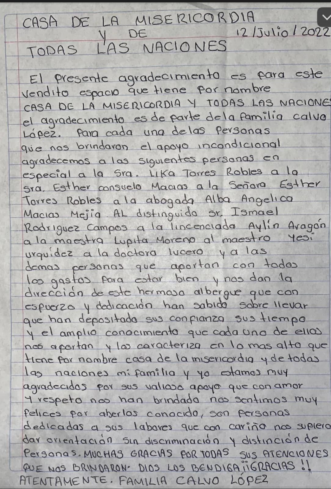 Carta de Familia Calvo López