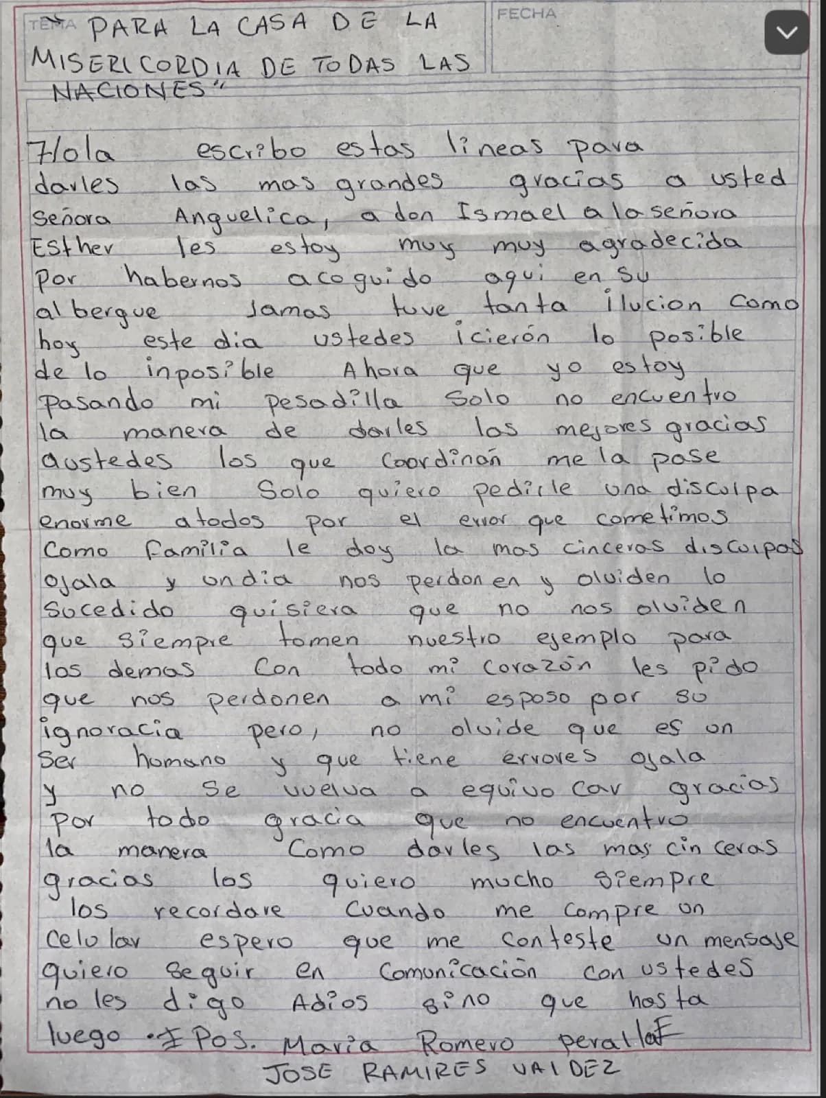 Carta de María Romero Peralta y José Ramírez Valdez