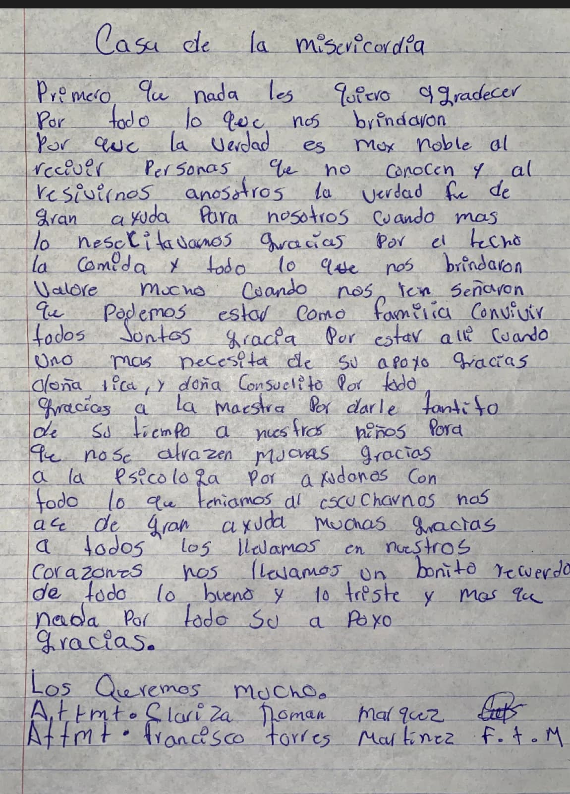 Carta de Clariza Román Márquez y Francisco Torres Martínez