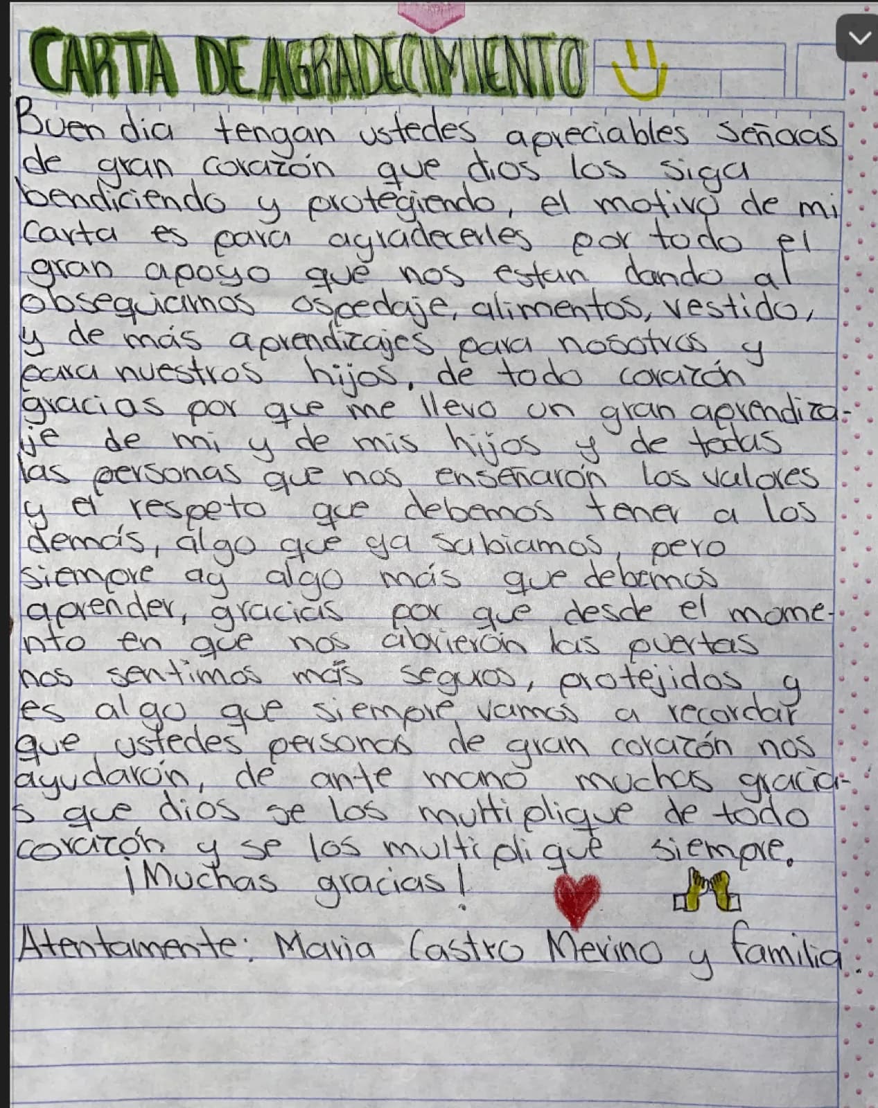 Carta de María Castro Merino y familia