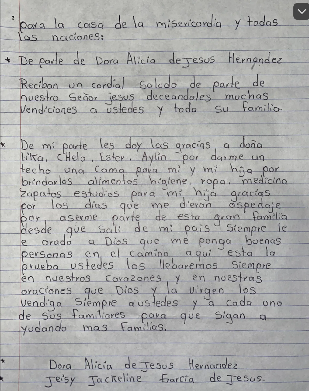 Carta de Dora Alicia de Jesús Hernández y Jeisy Jackeline García de Jesús