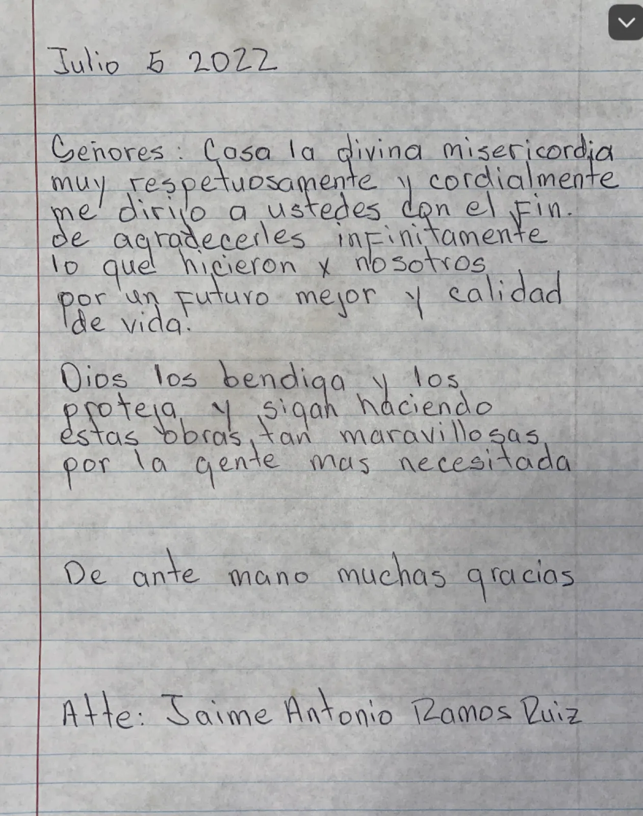 Carta de Jaime Antonio Ramos Ruiz