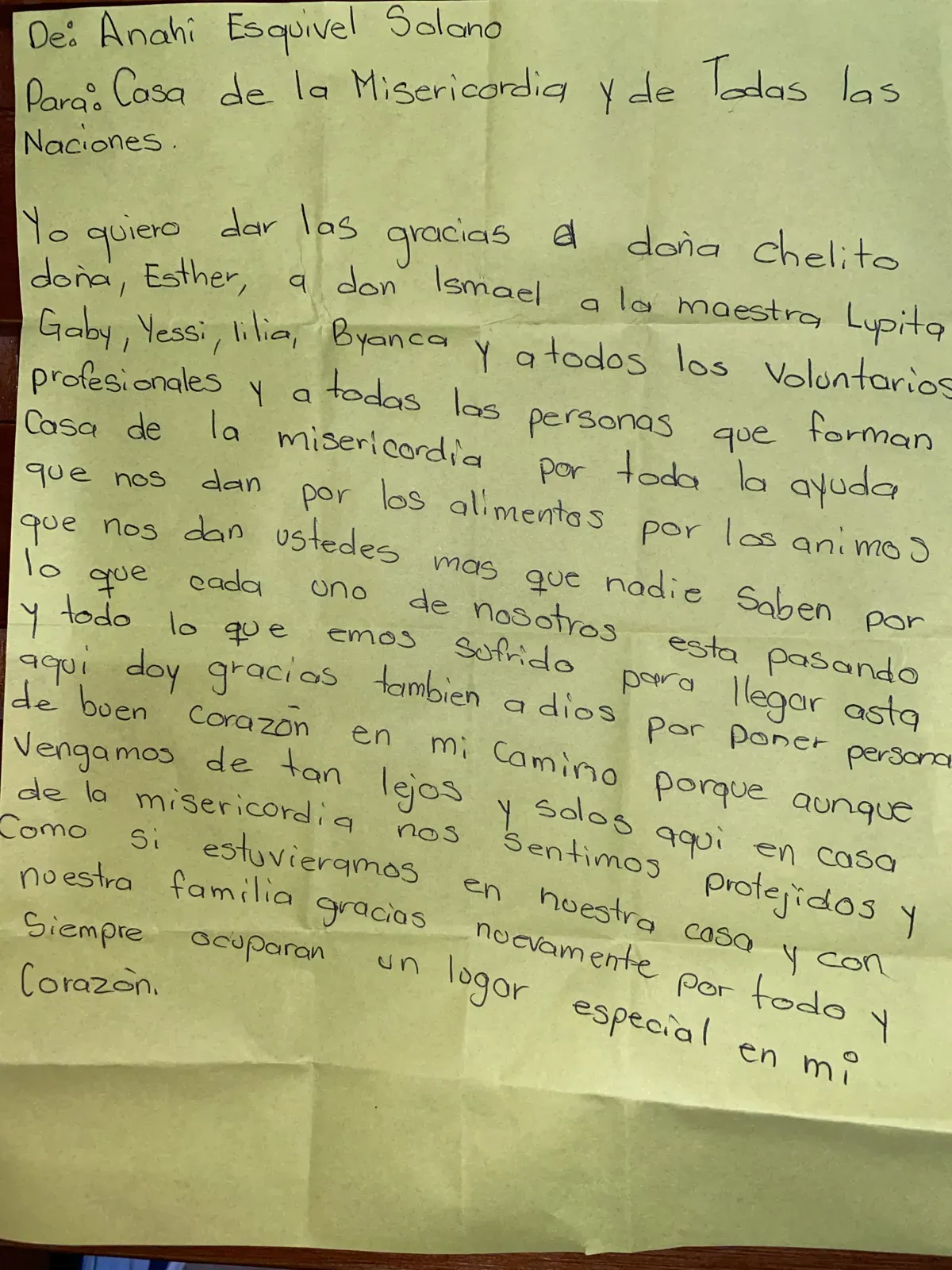 Carta de Anahí Esquivel Solano