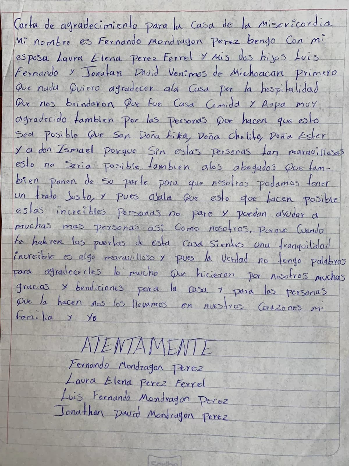 Carta de Fernando Mondragón Pérez y familia