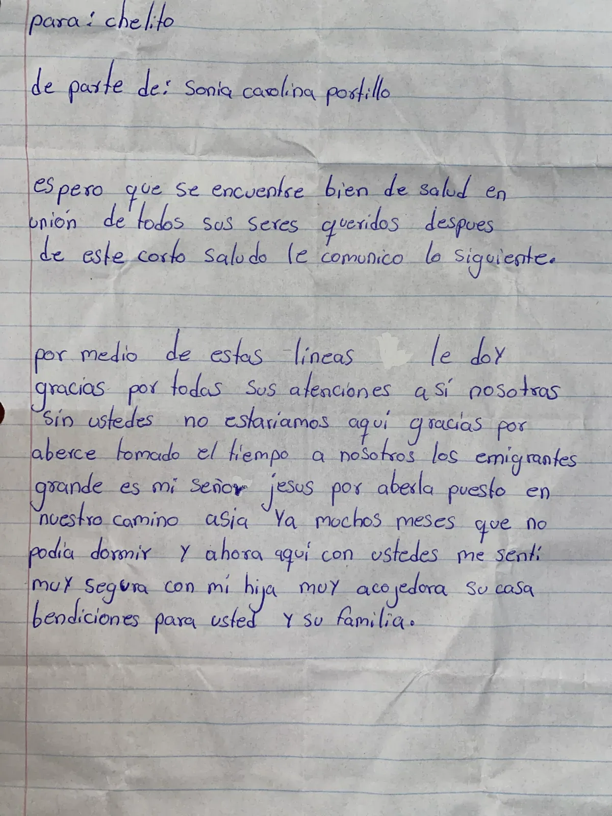 Carta de Sonia Carolina Portillo