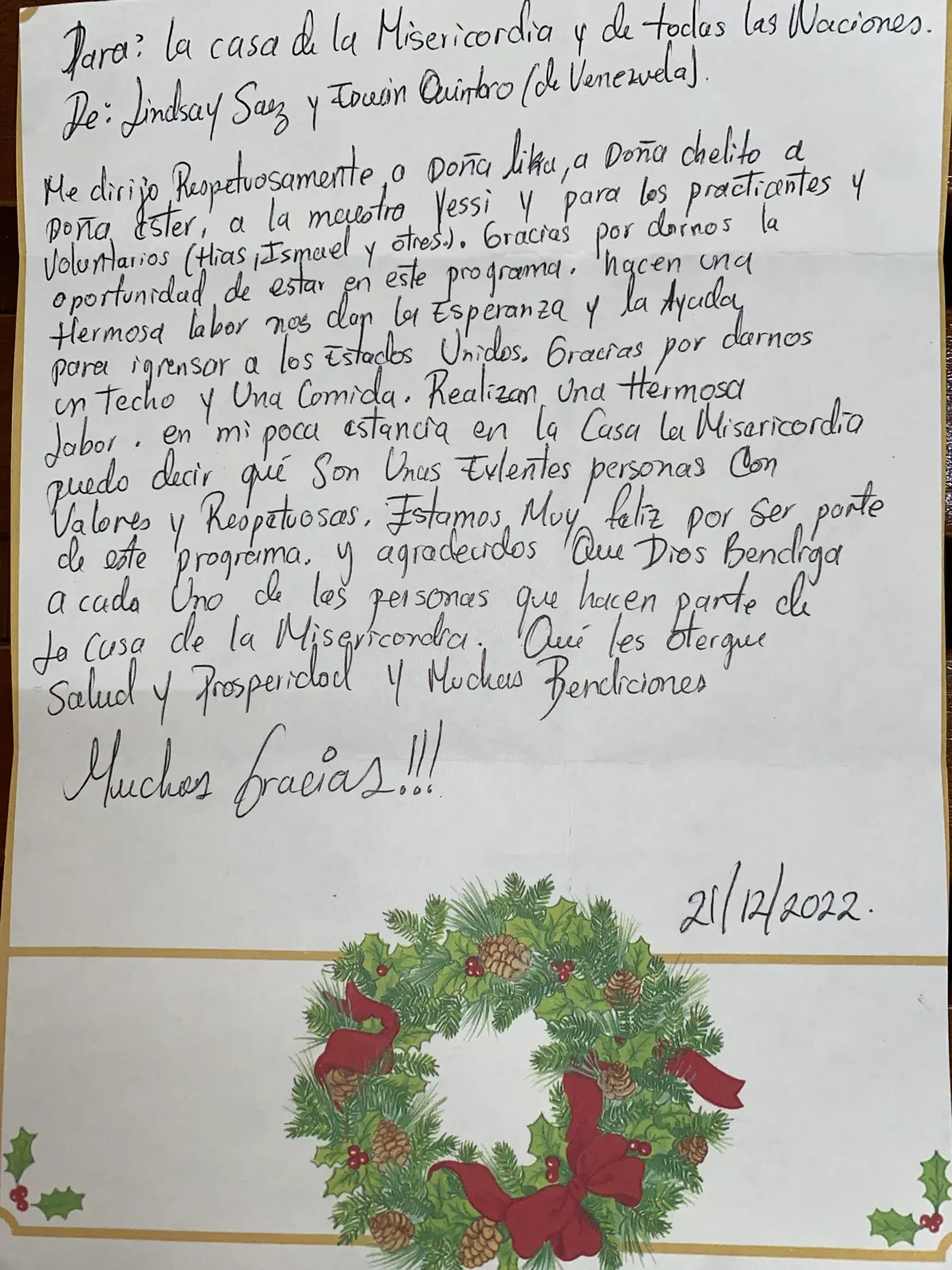 Carta de Lindsay Sáenz y Erwin Quintero