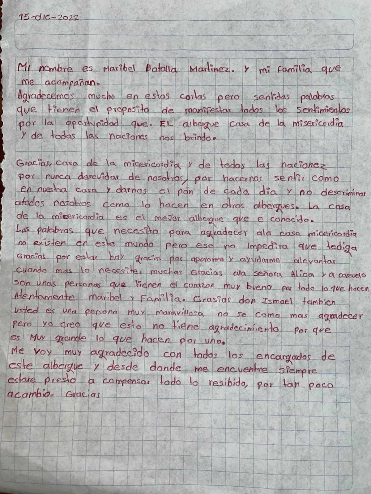 Carta de Maribel Batalla Martínez y familia