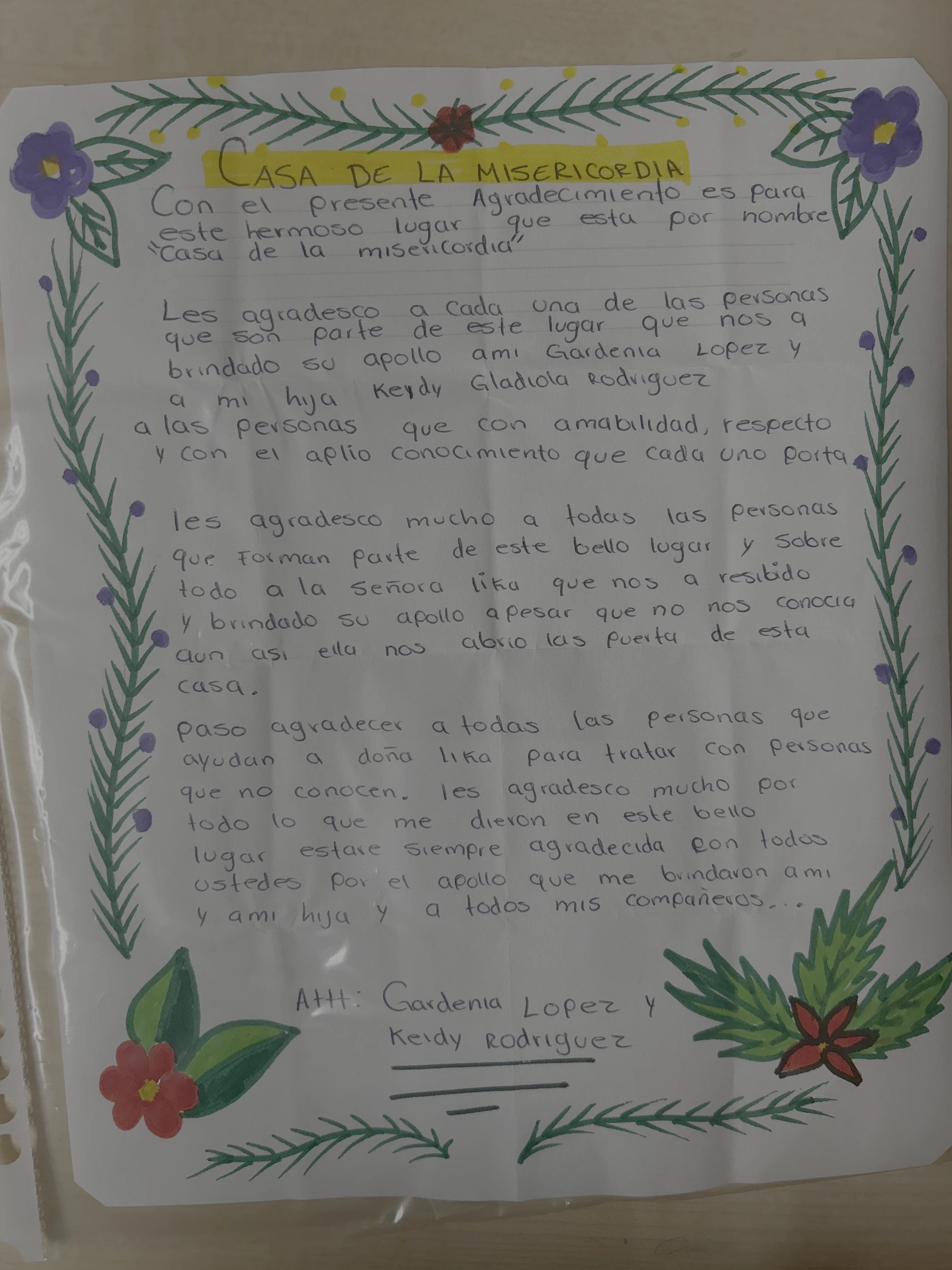 Carta de Gardenia López y Keidy Rodríguez