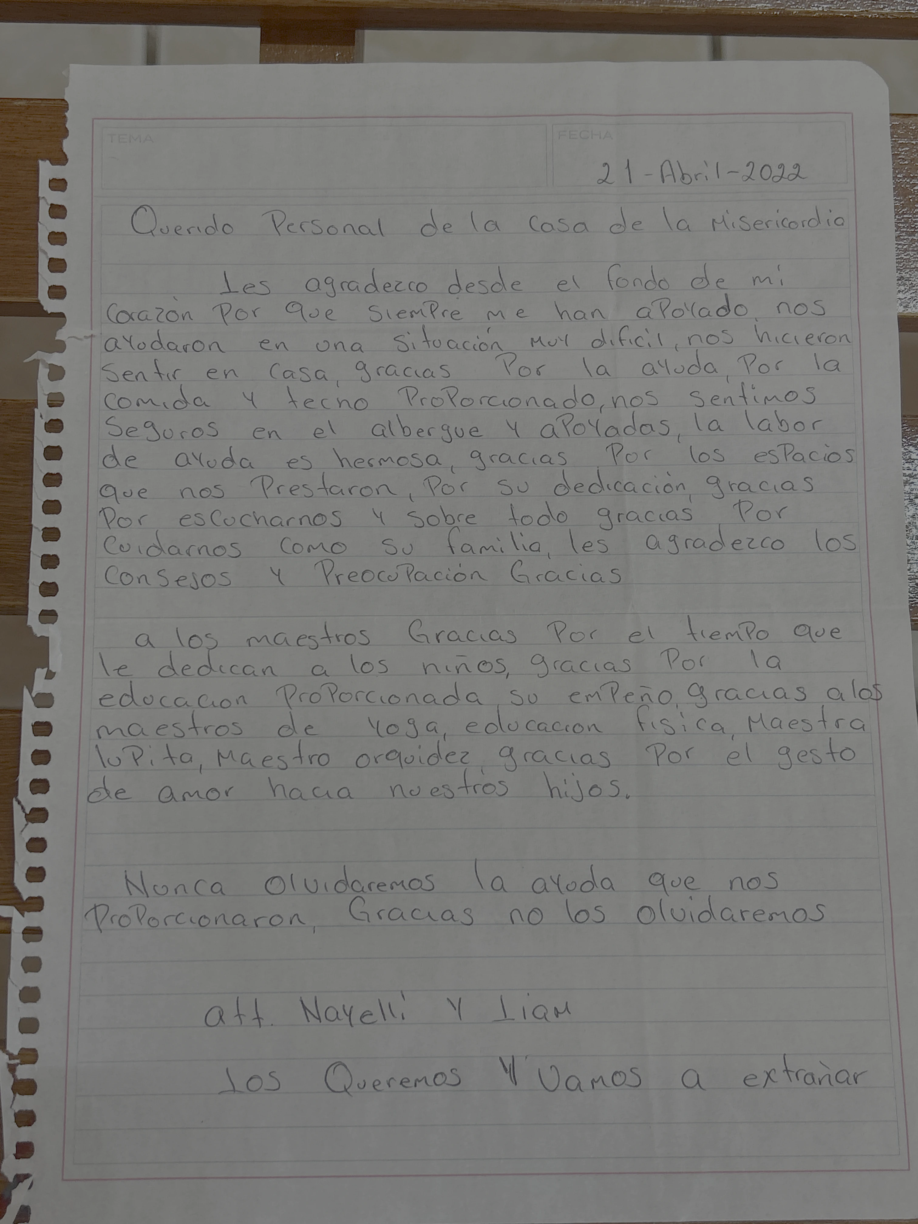 Carta de Nayelli y Liam