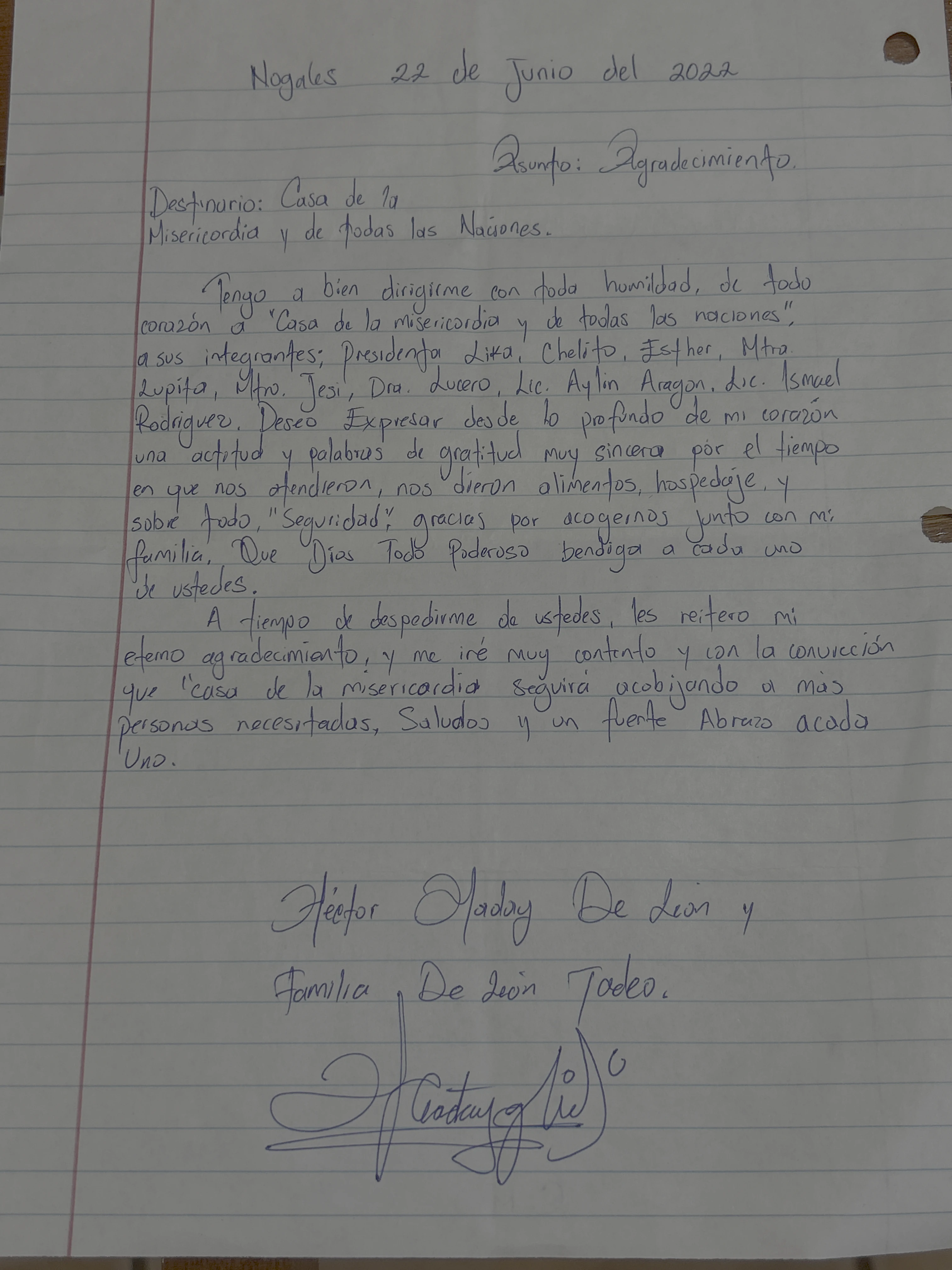 Carta de Héctor Maday De León y familia De León Tadeo