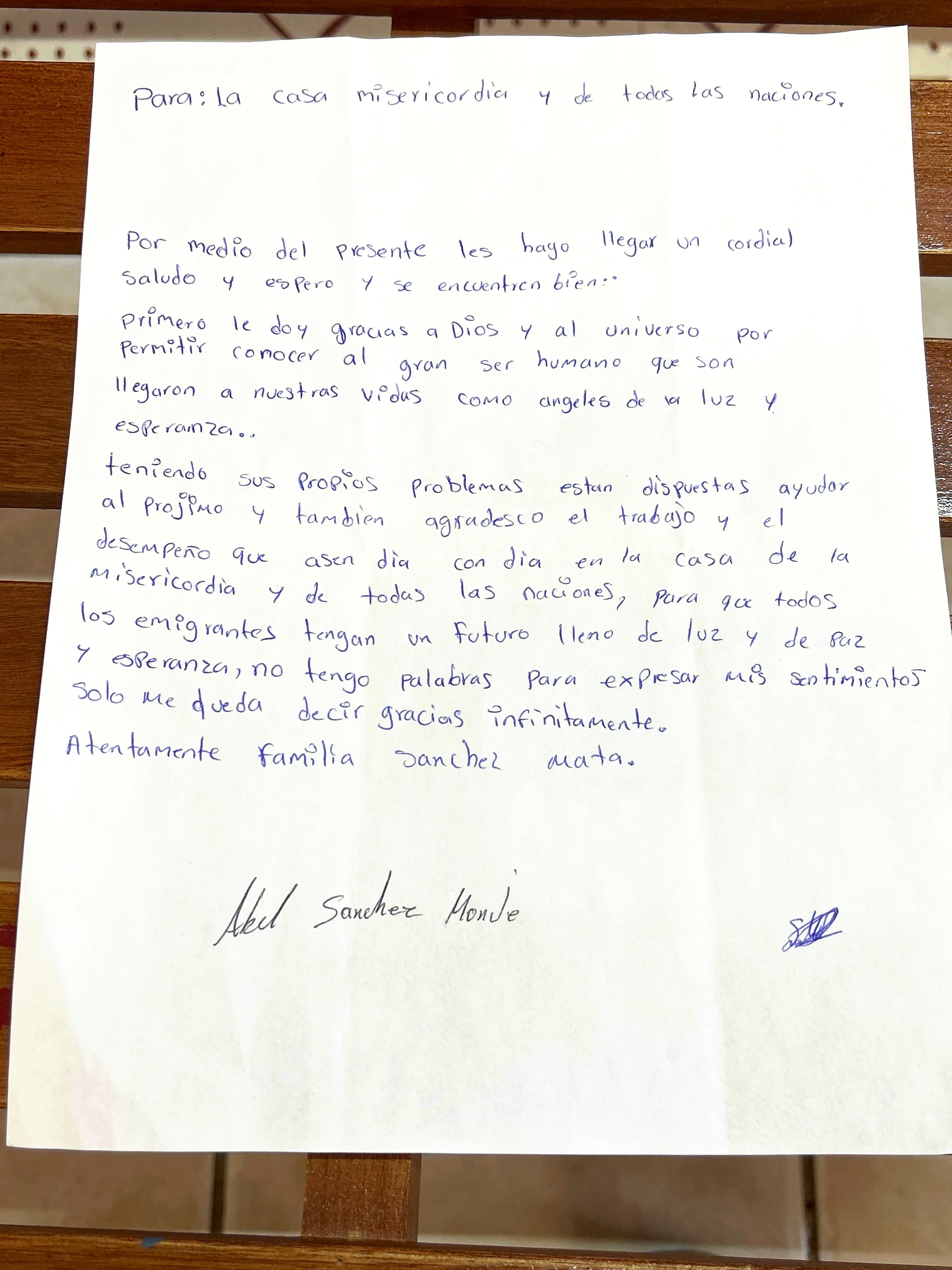 Carta de Abel Sánchez Monje y Familia Sánchez Mata