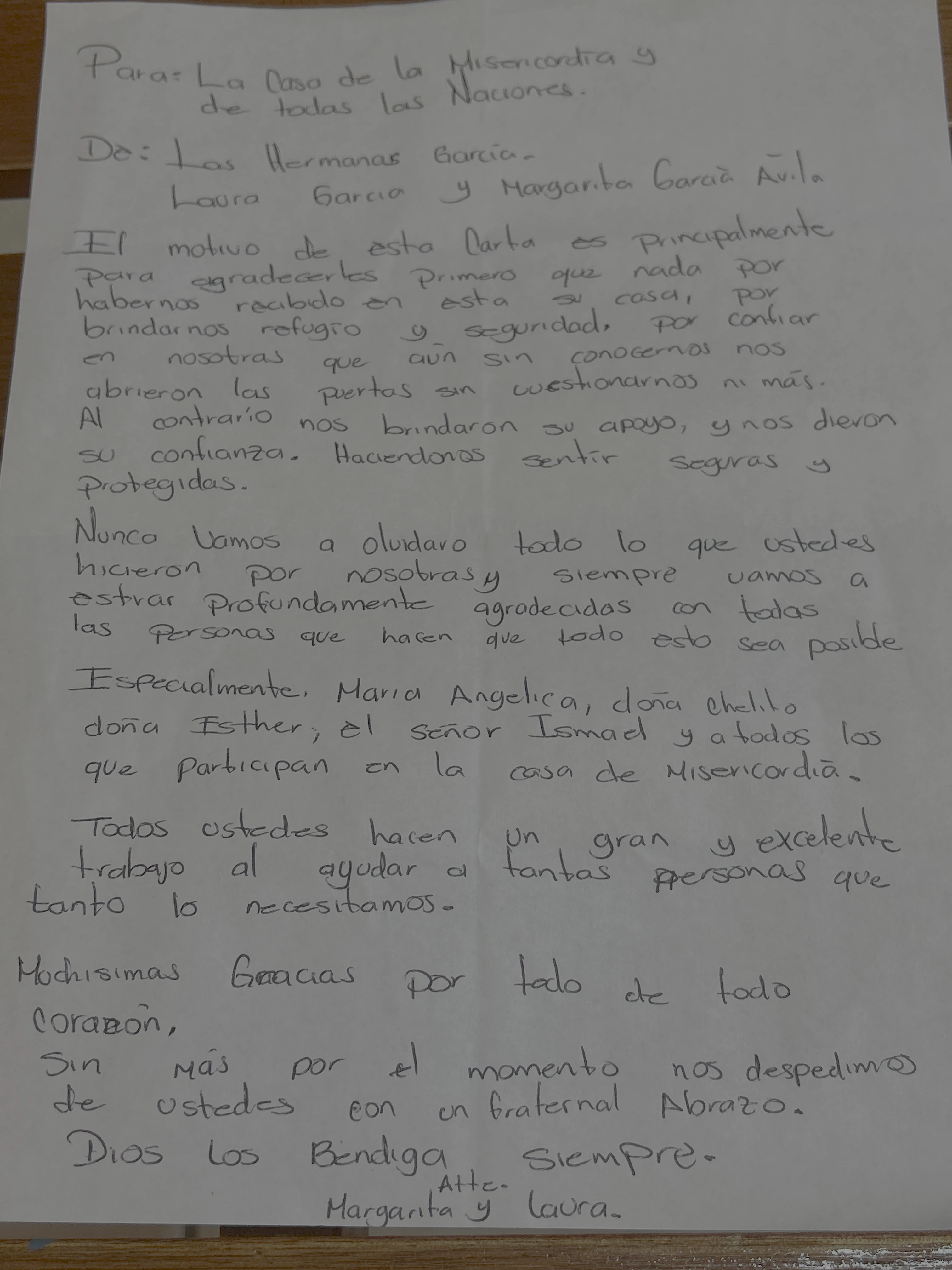 Carta de Laura y Margarita García Ávila