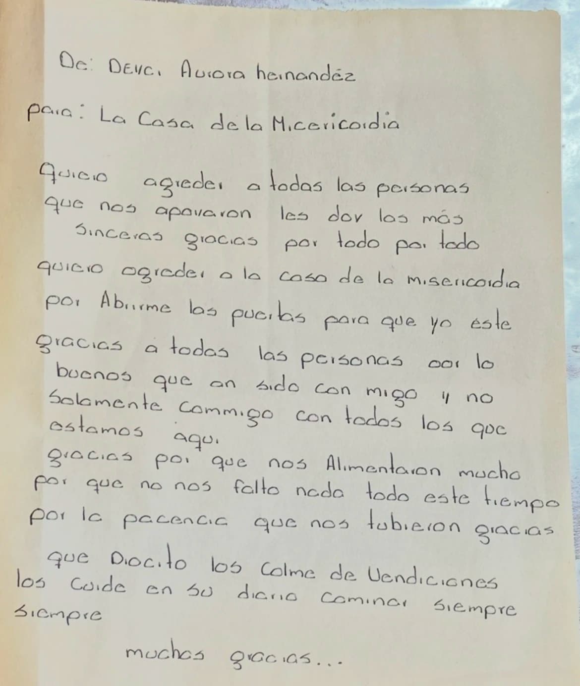 Carta de Delci Aurora Hernández