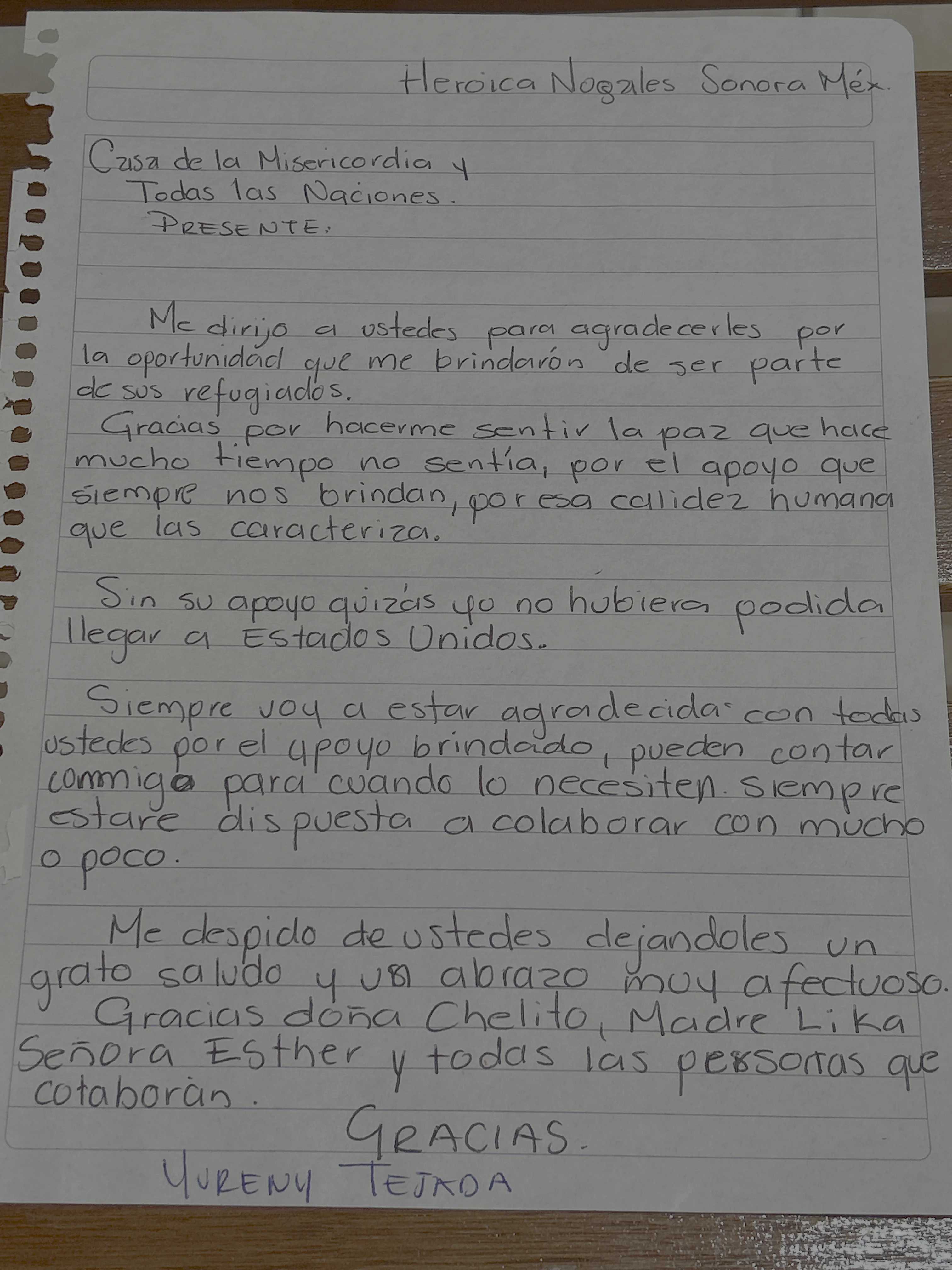 Carta de Yureny Tejada