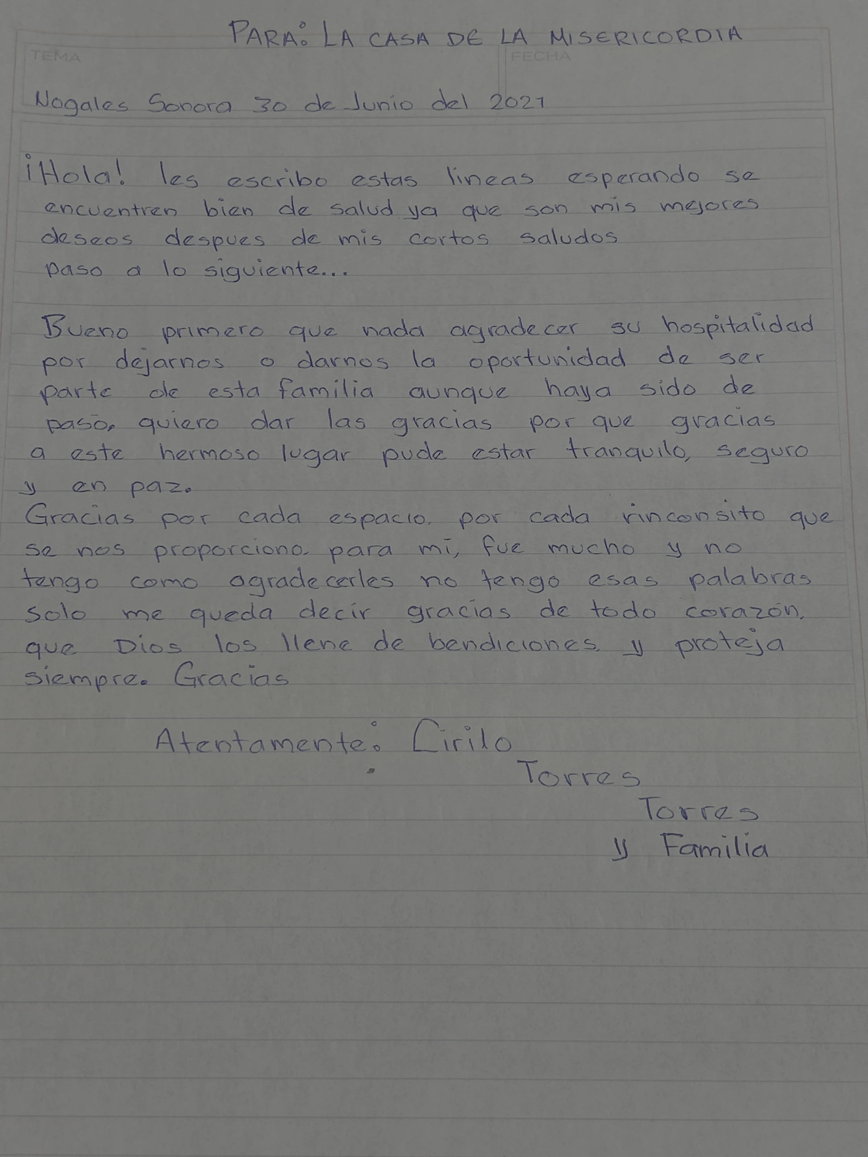 Carta de Cirilo Torres Torres
