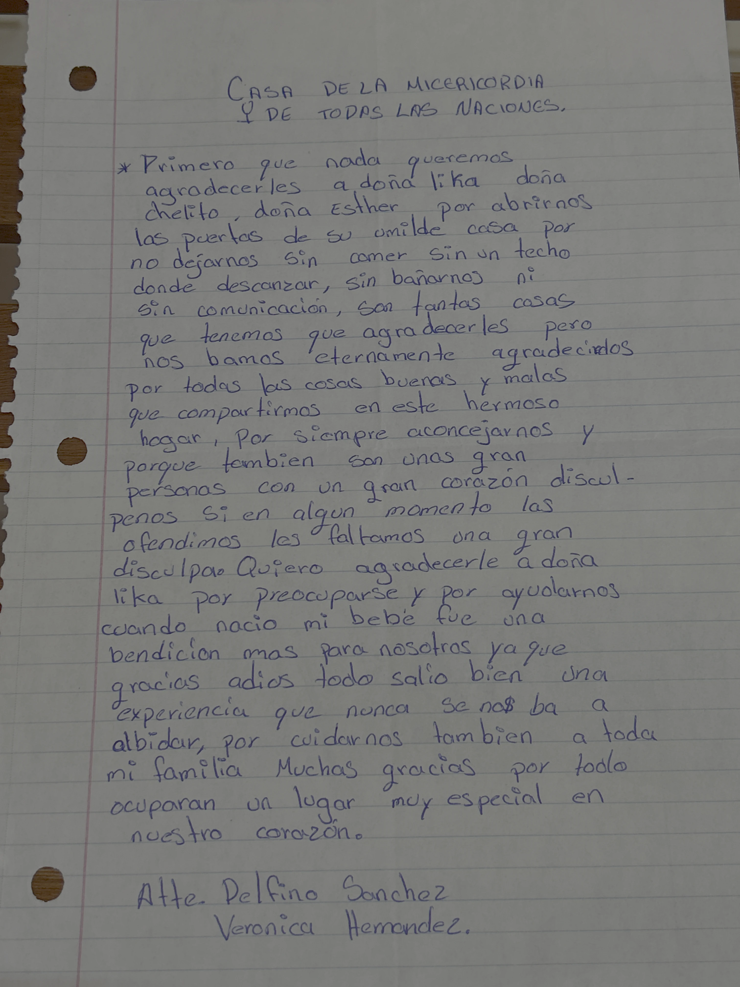 Carta de Delfino Sánchez y Verónica Hernández