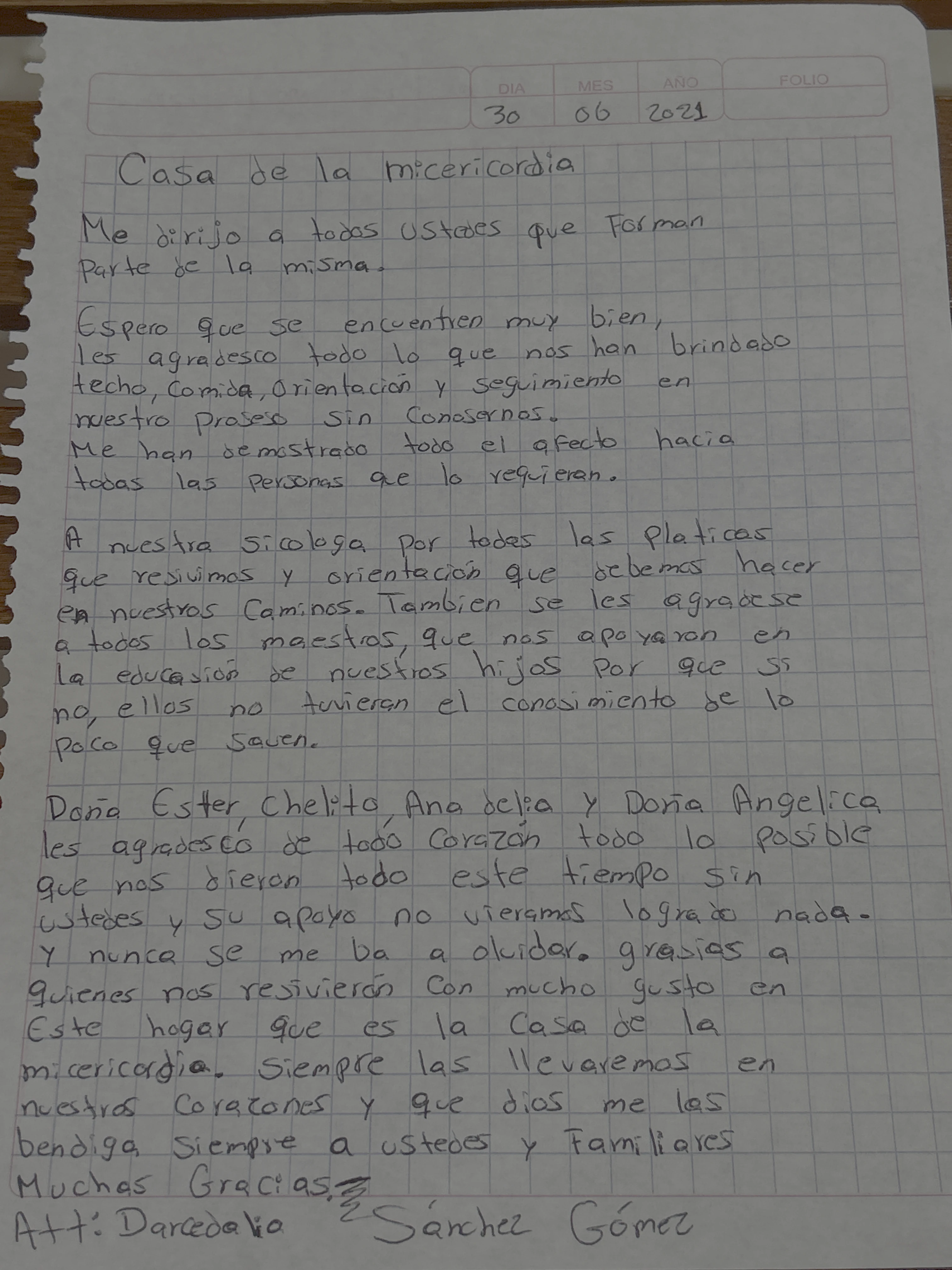Carta de Darcedalia Sánchez Gómez