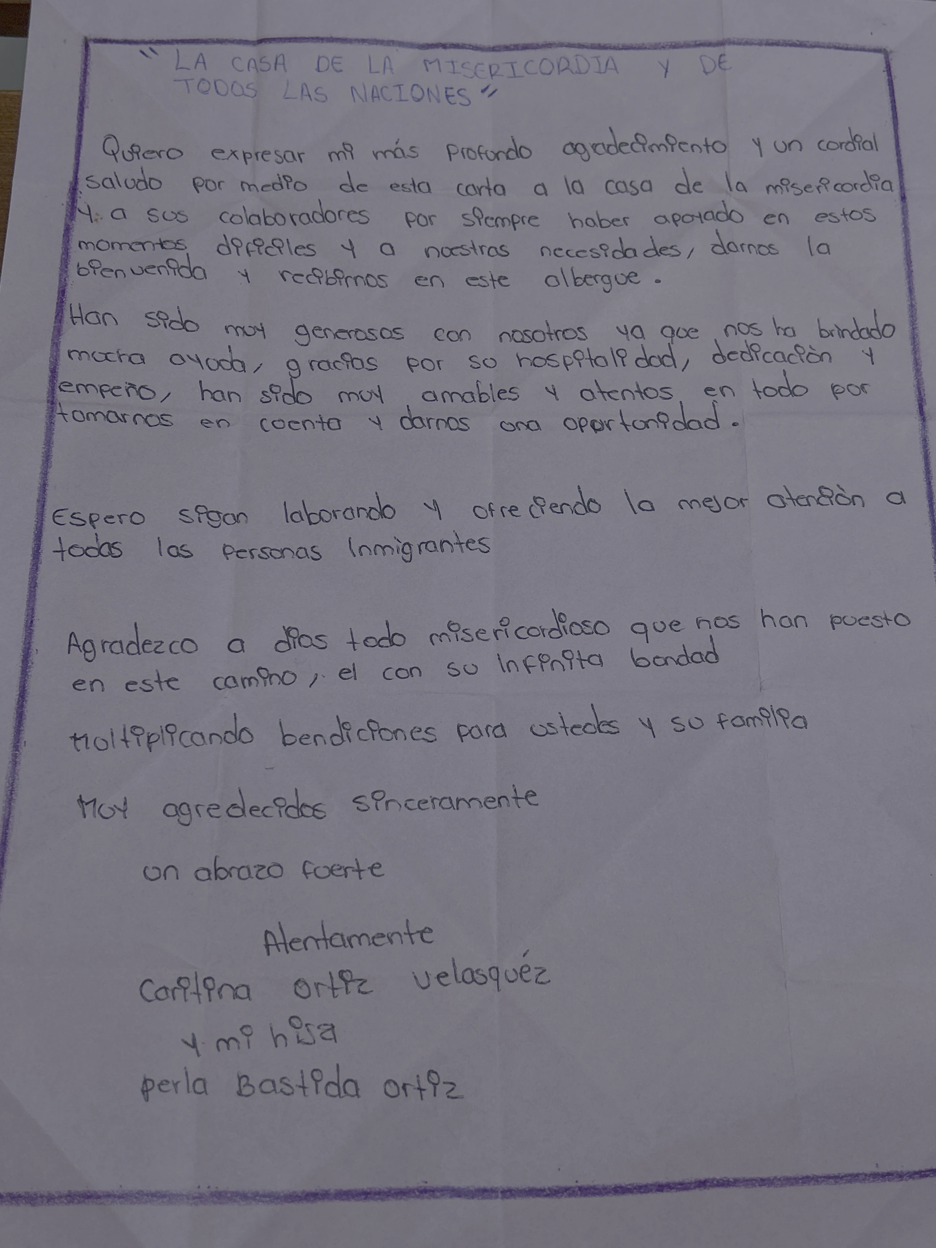 Carta de Carmina Ortiz Velásquez