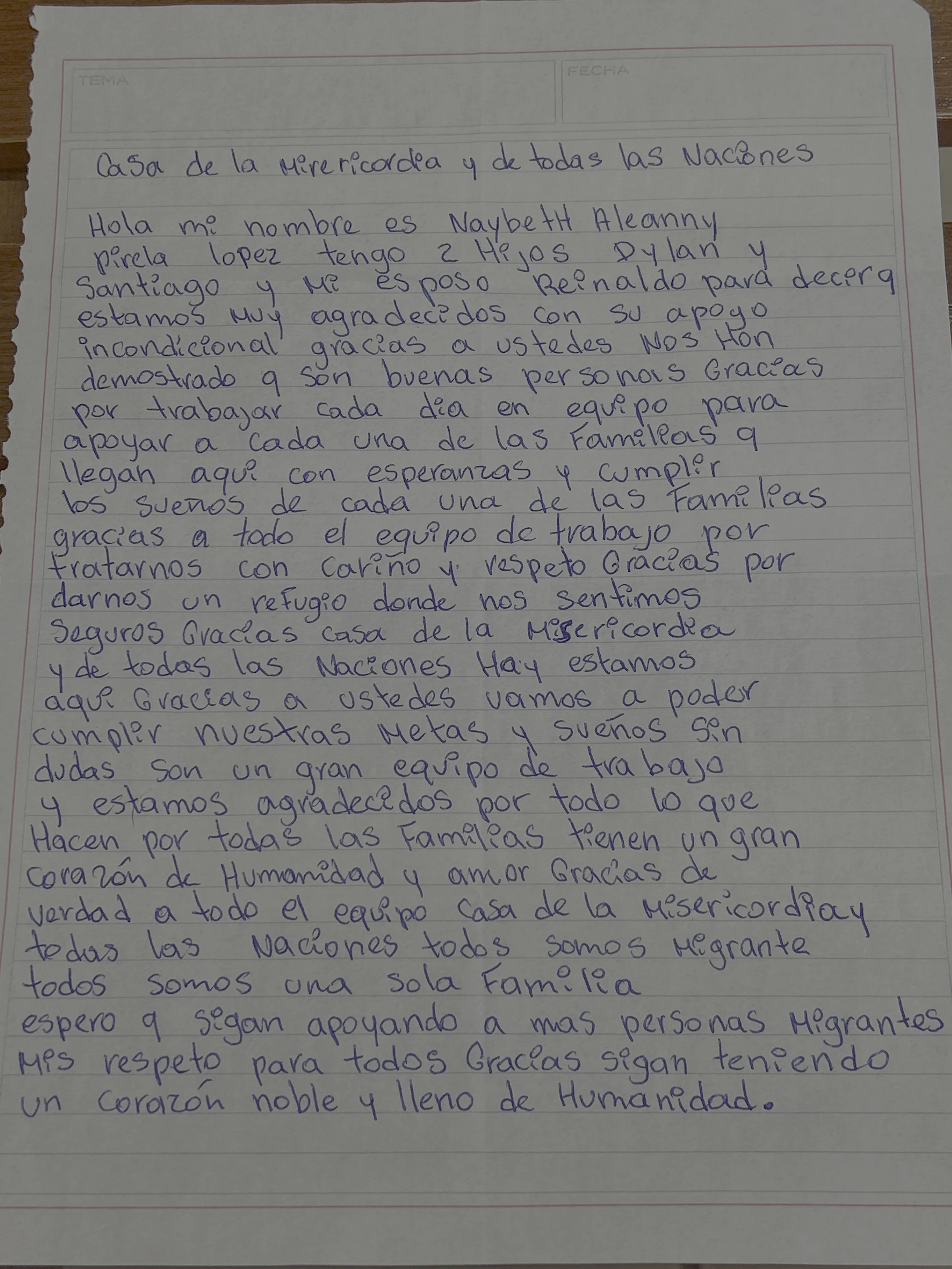 Carta de Naybeth Aleanny Pirela López