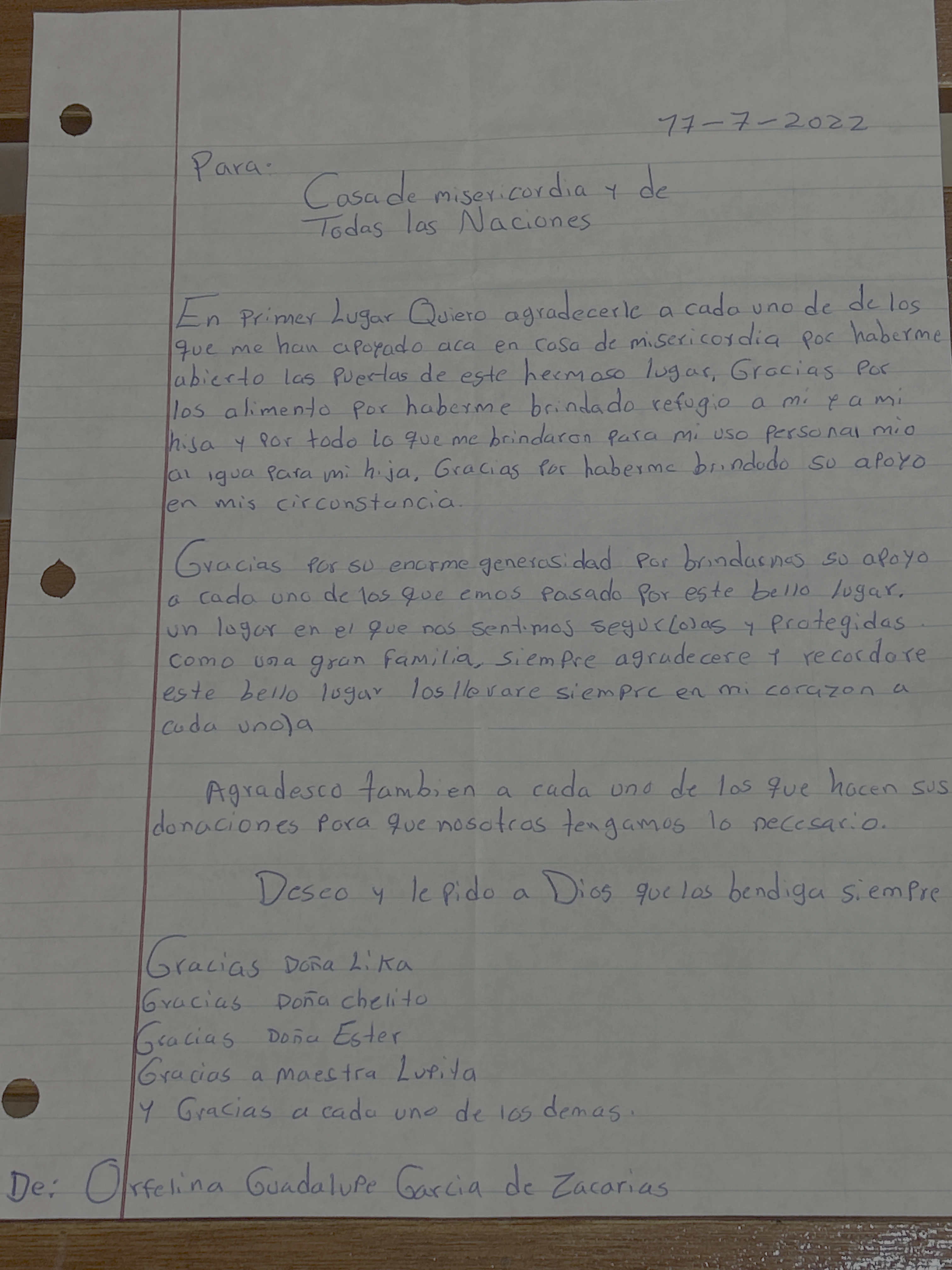 Carta de Orfelina Guadalupe García de Zacarías