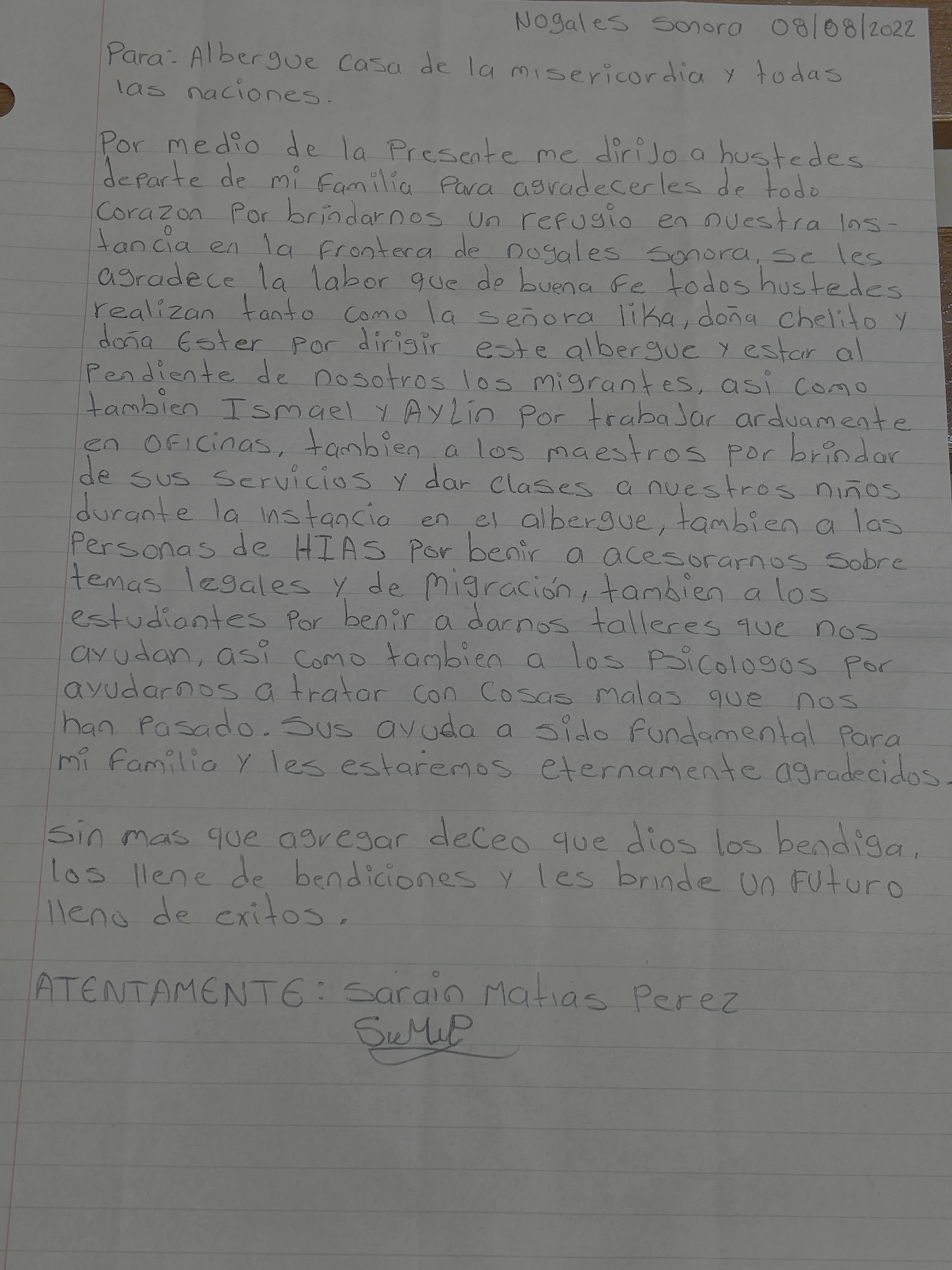 Carta de Sarain Matías Pérez