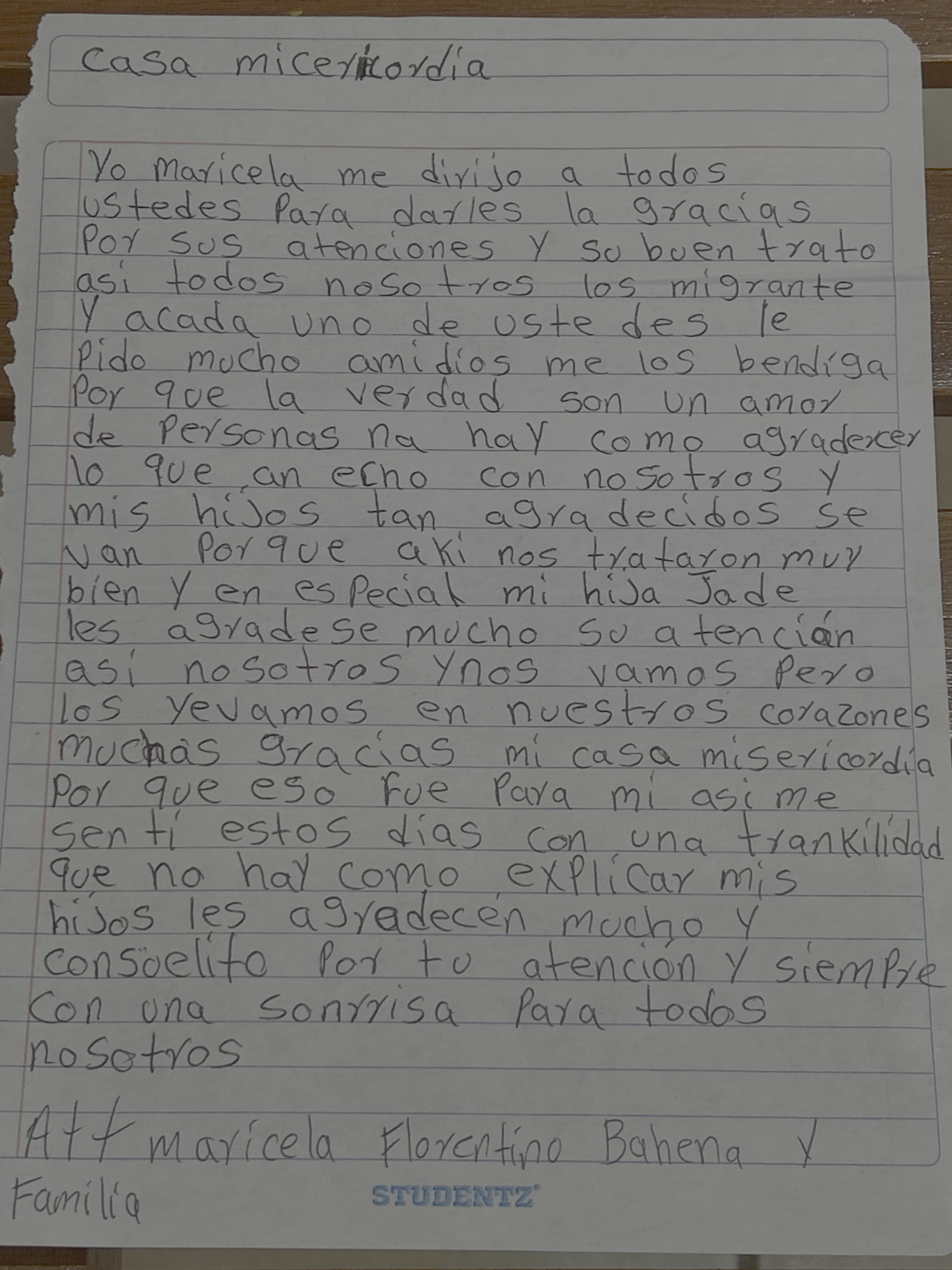 Carta de Maricela Florentino Bahena y Familia