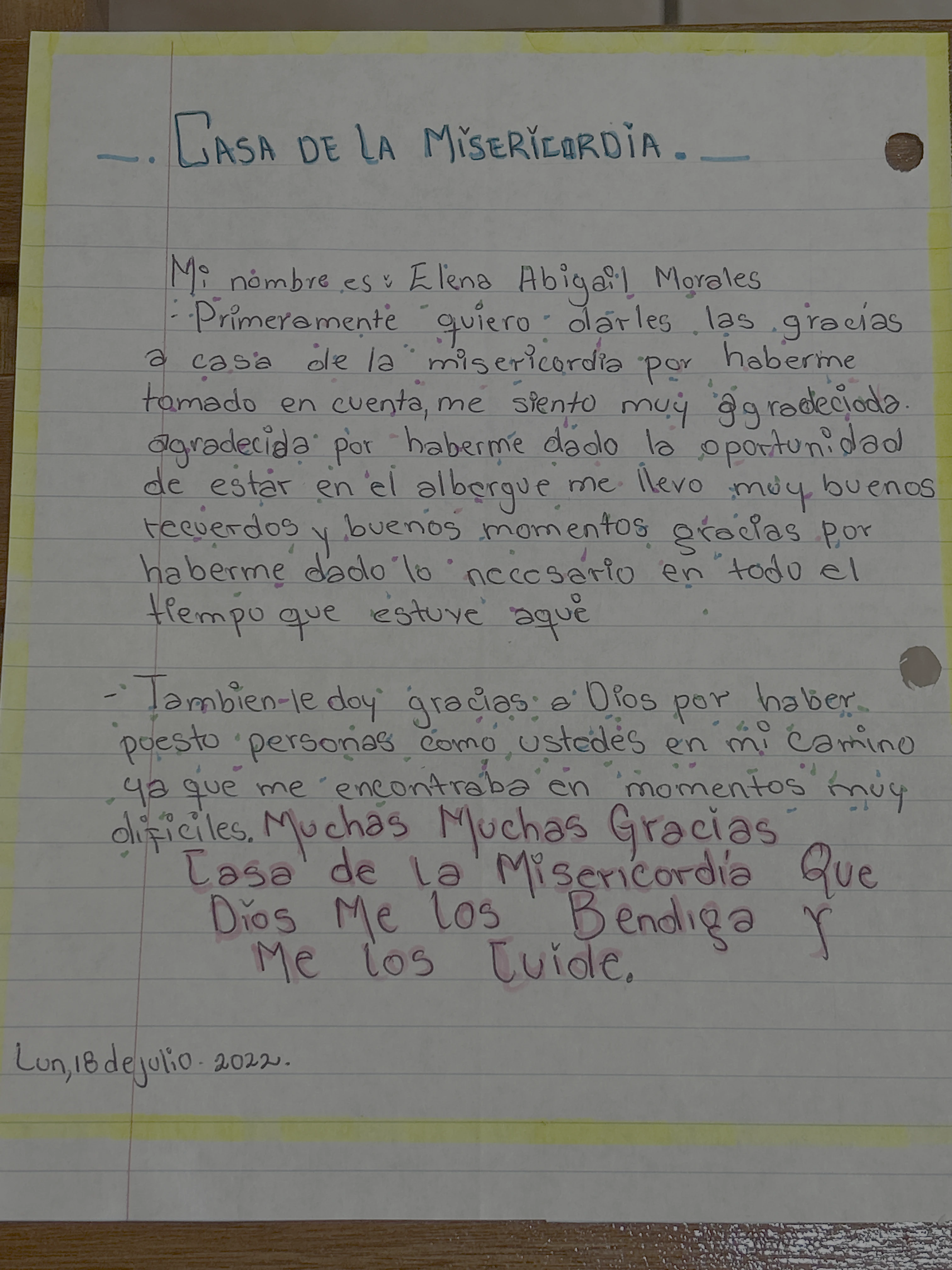 Carta de Elena Abigail Morales