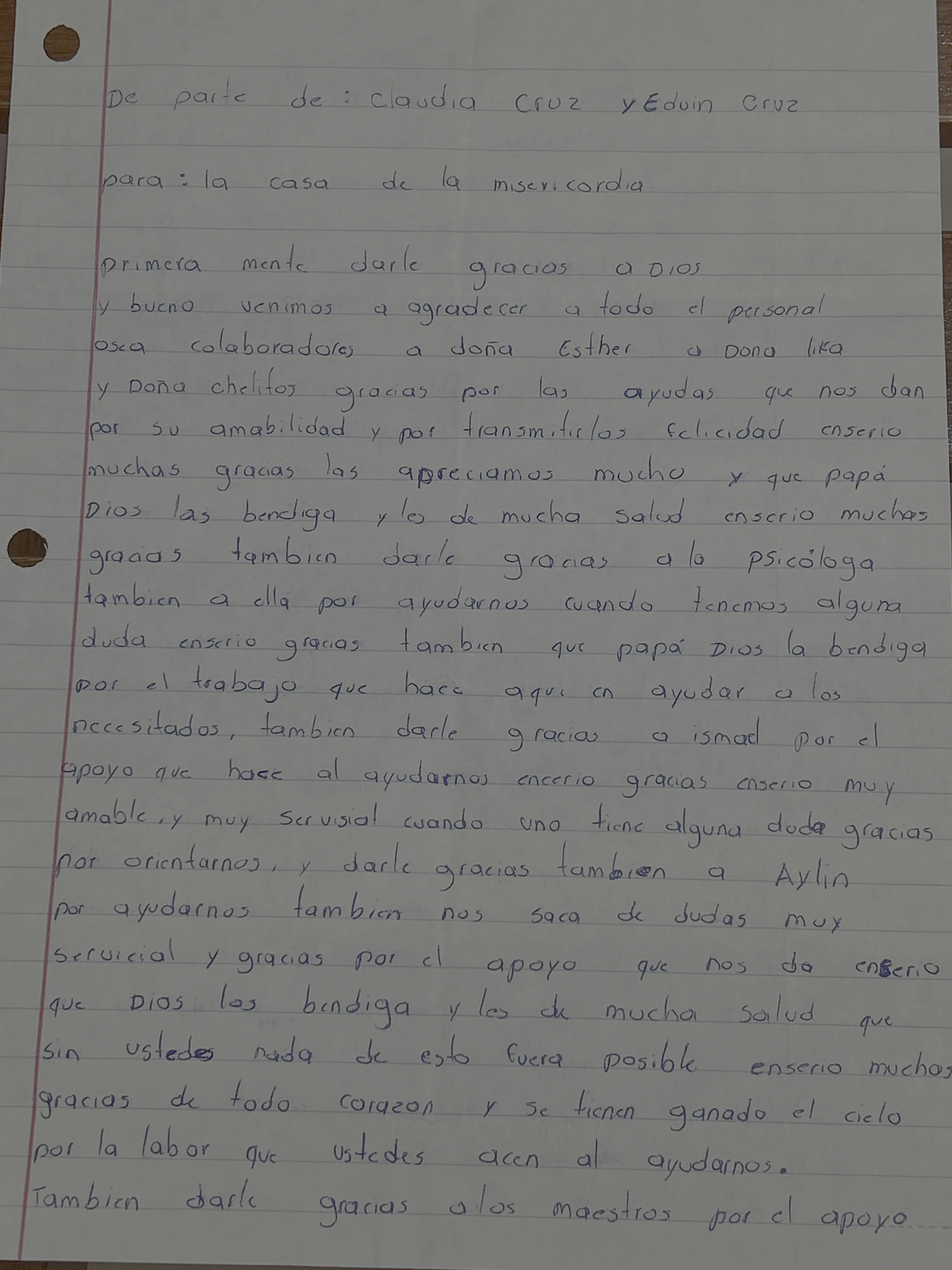 Carta de Claudia Cruz y Edwin Cruz