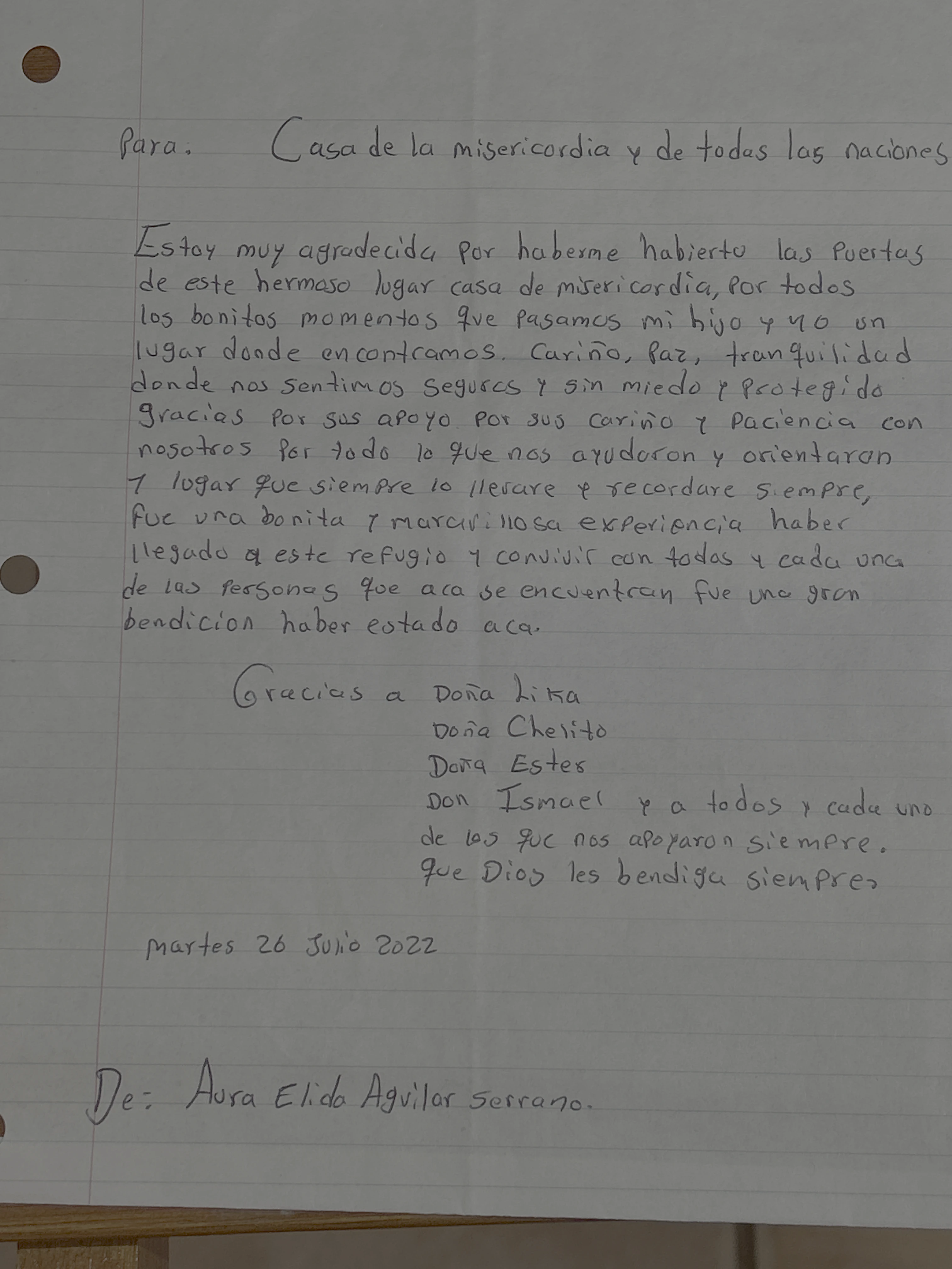 Carta de Aura Elida Aguilar Serrano