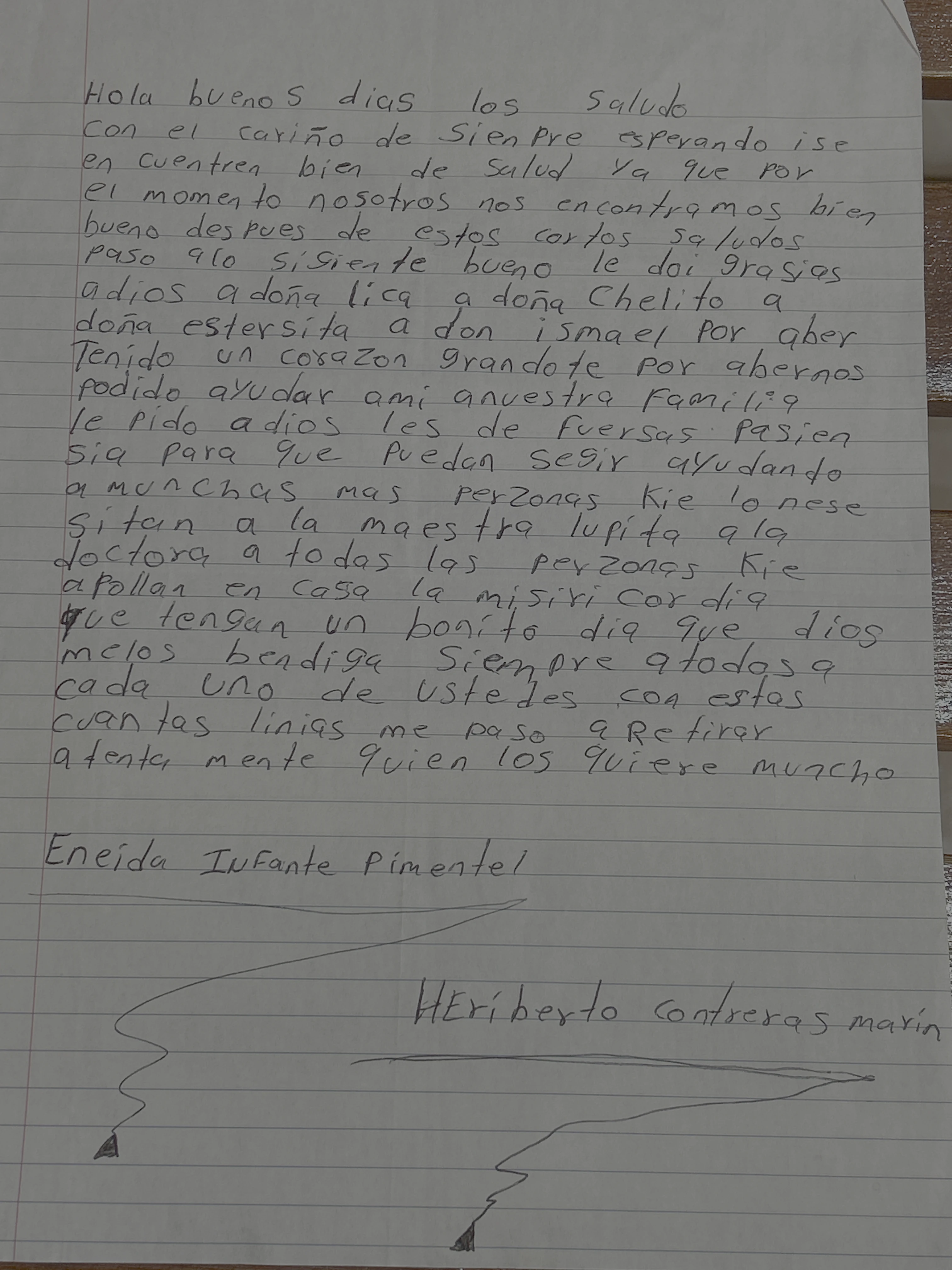 Carta de Eneida Infante Pimentel y Heriberto Contreras Marín