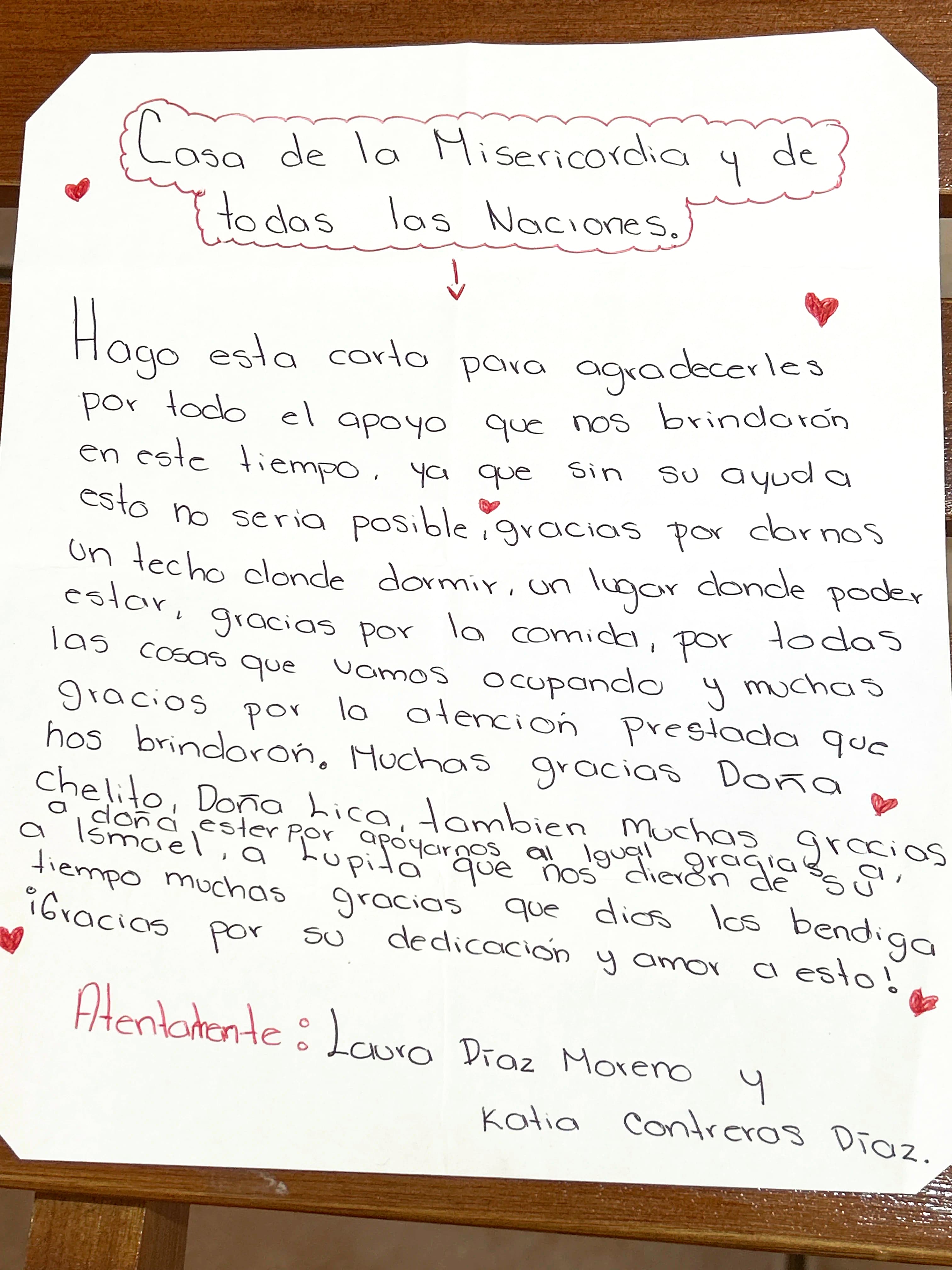 Carta de Laura Díaz Moreno y Katia Contreras Díaz