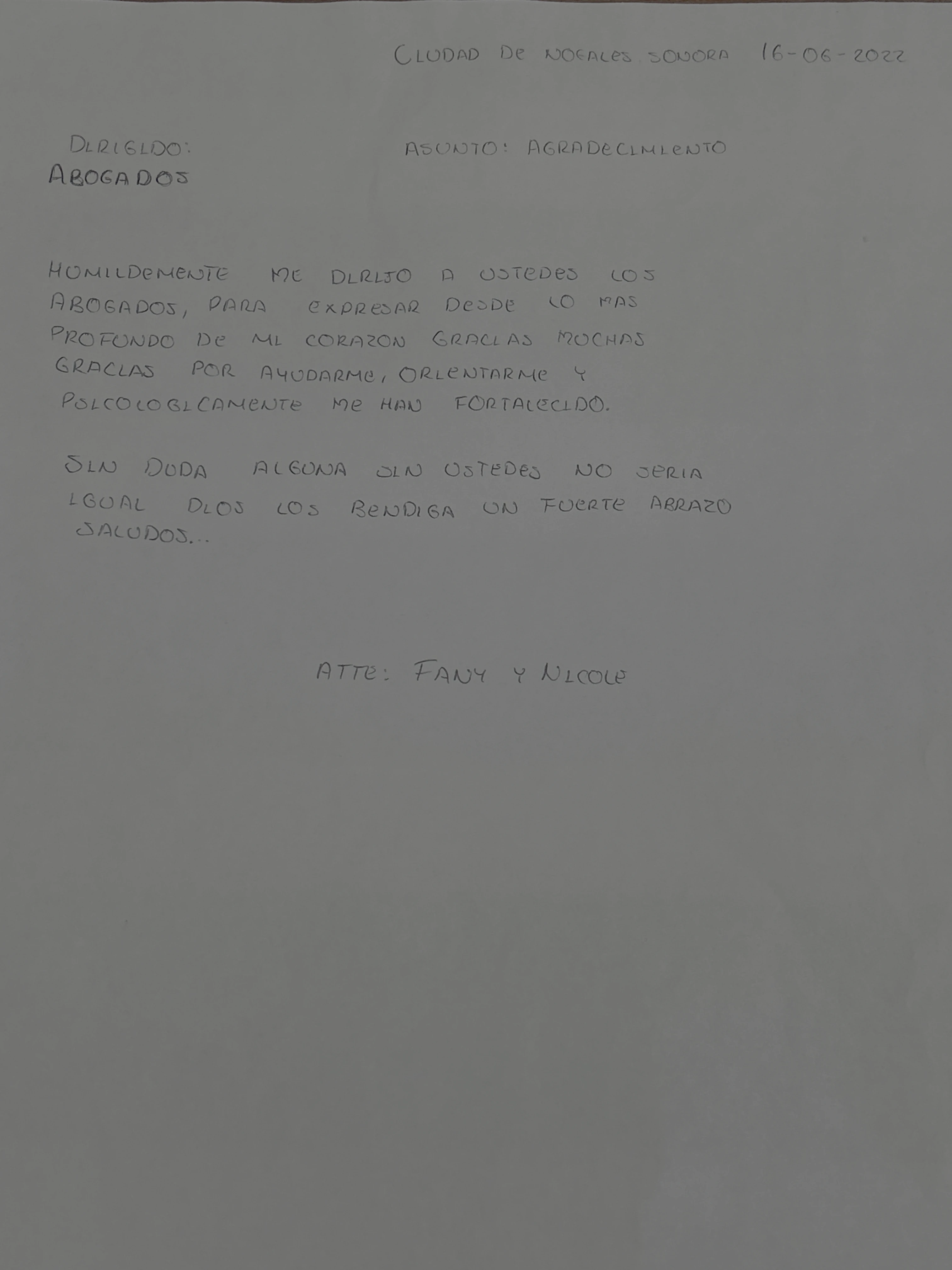Carta de Fany y Nicole
