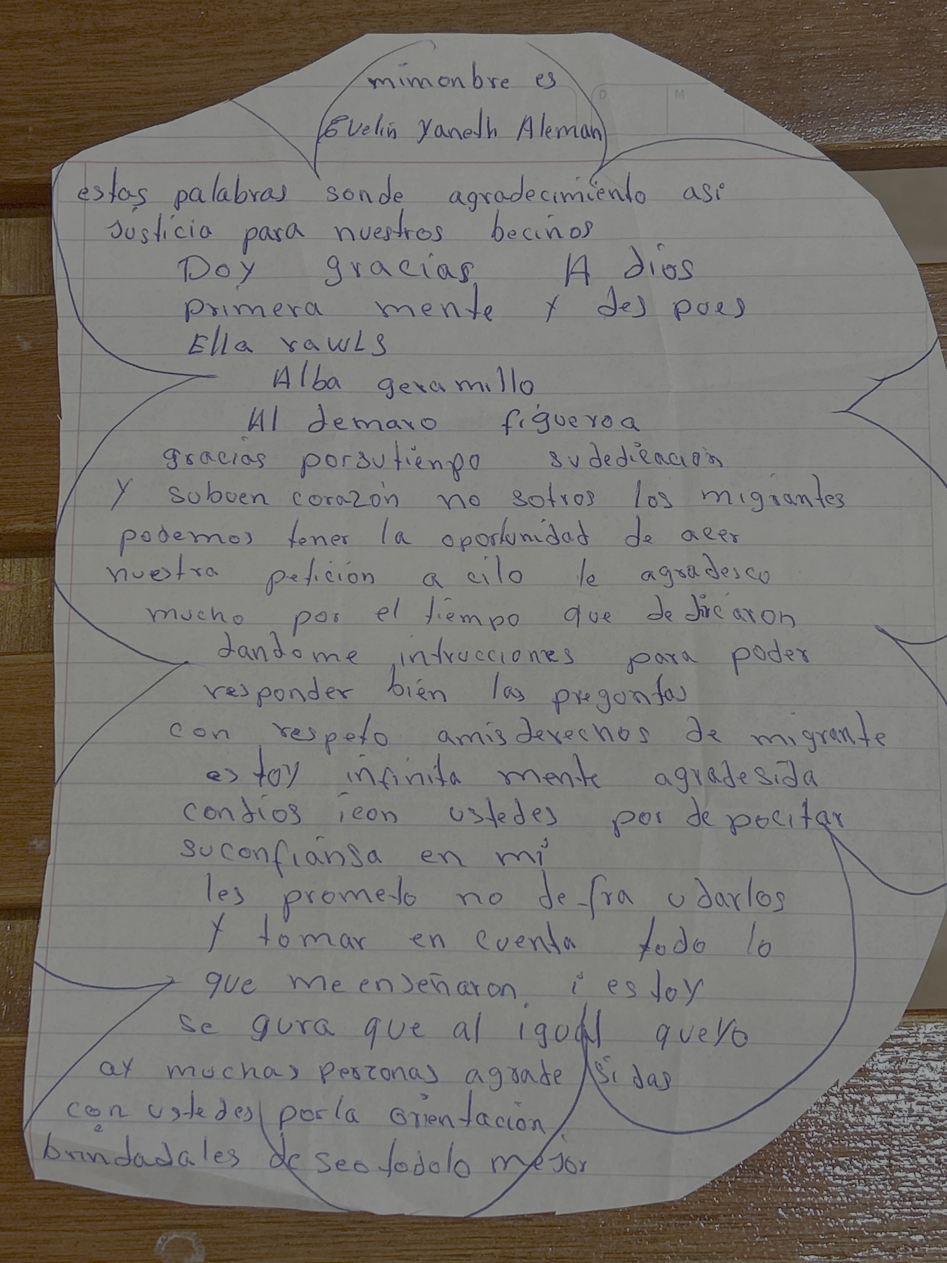 Carta de Evelin Yaneth Alemán