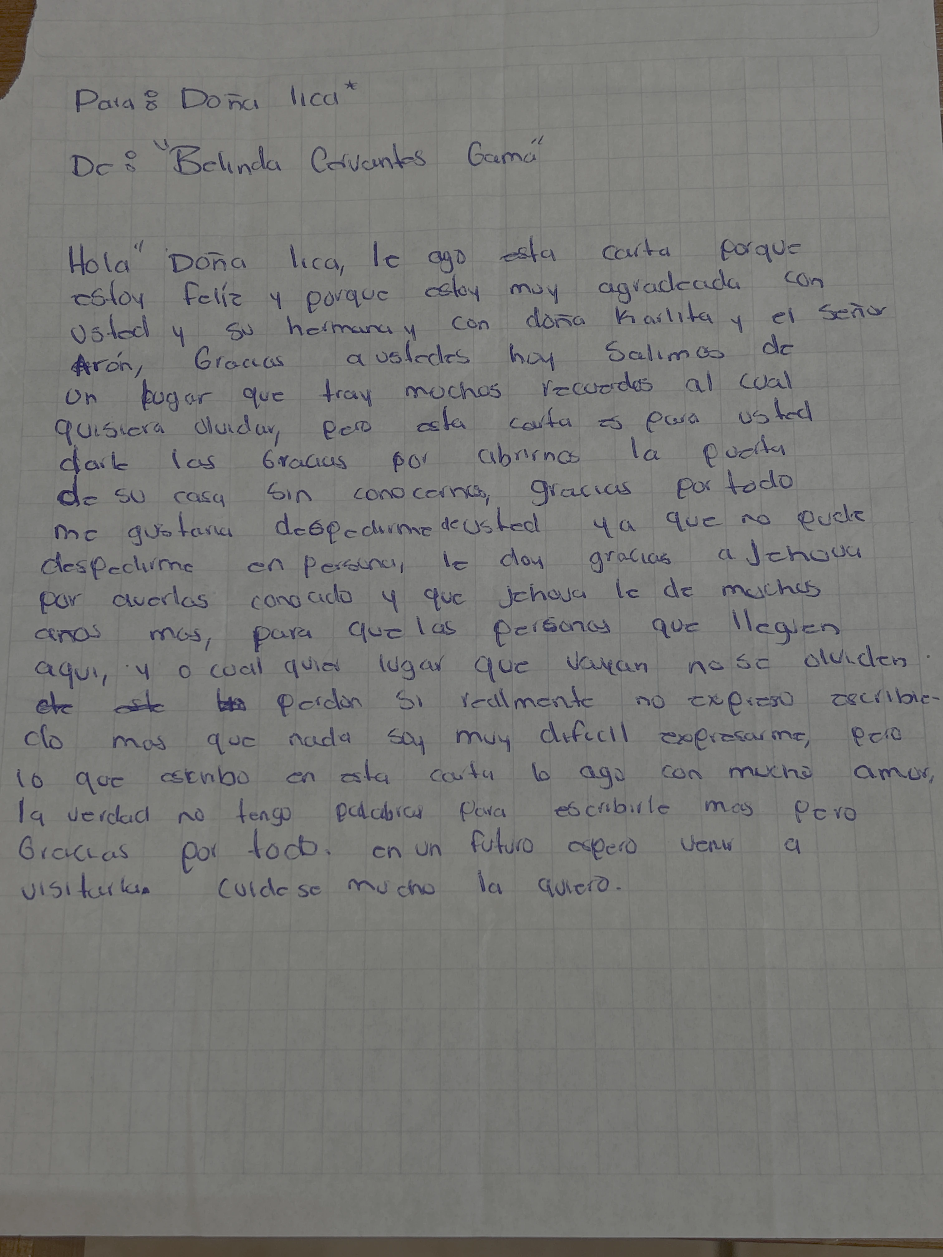 Carta de Belinda Cervantes Gama