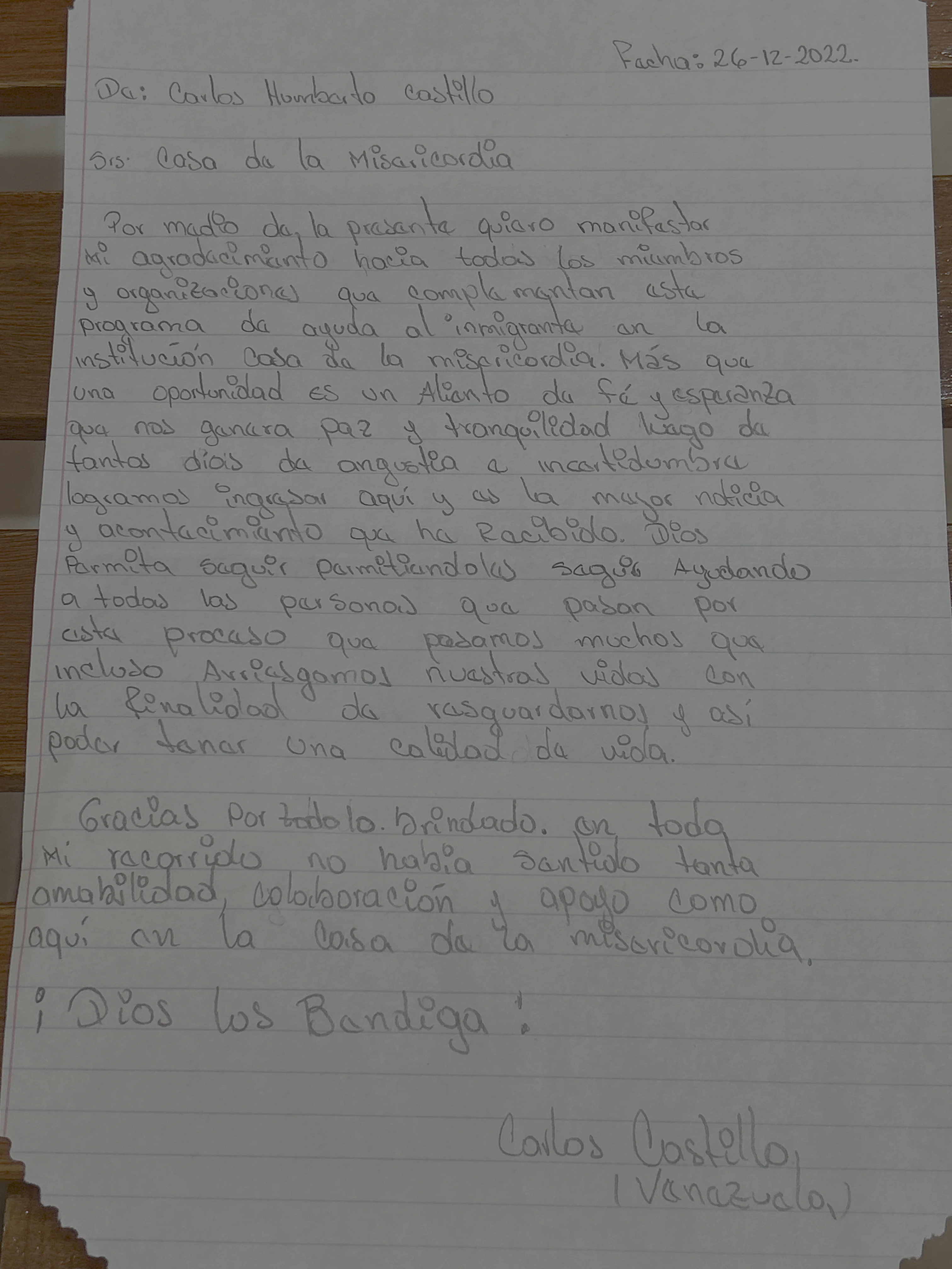 Carta de Carlos Humberto Castillo