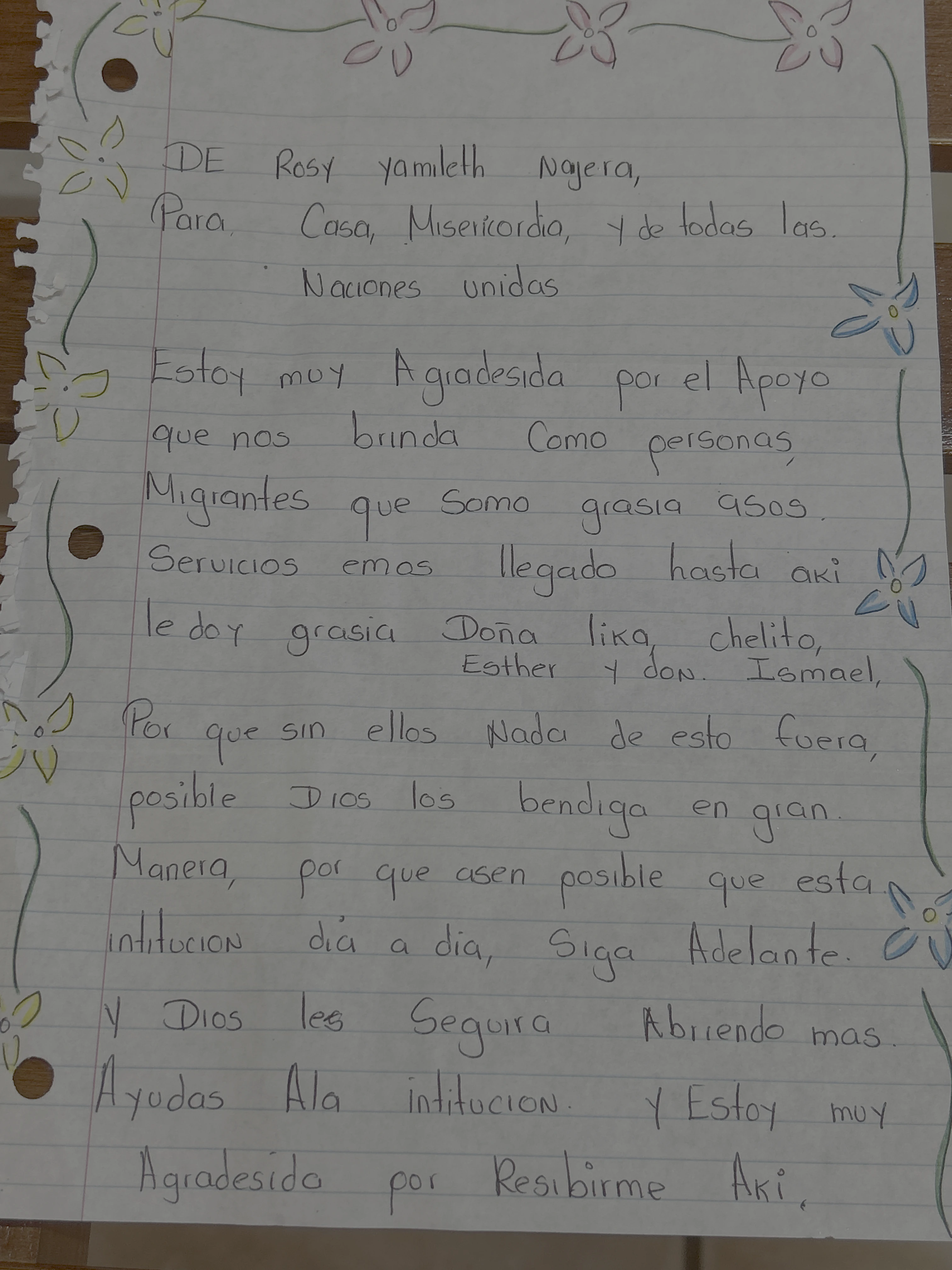 Carta de Rosy Yamileth Nájera