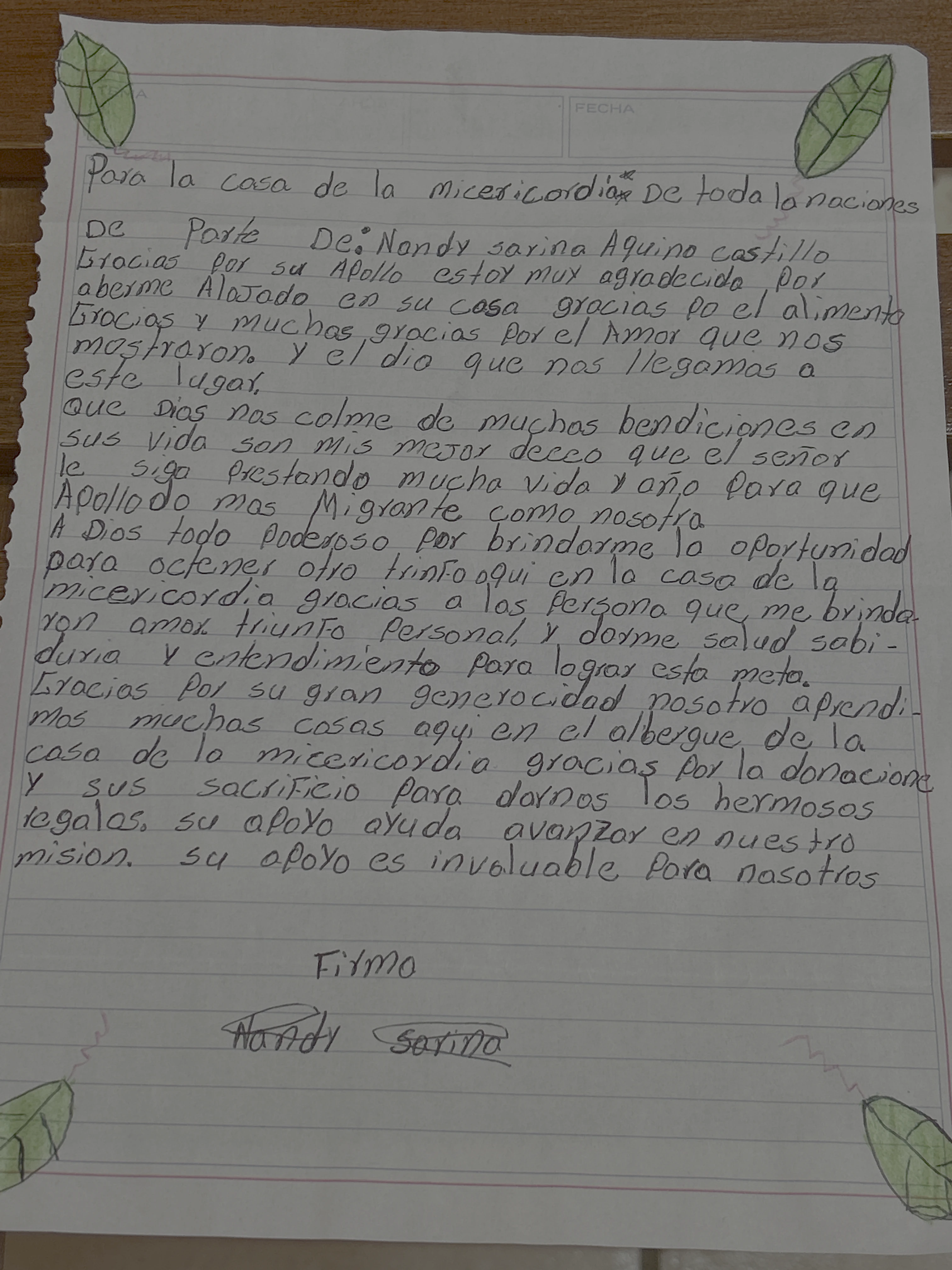 Carta de Nandy Sarina Aquino Castillo