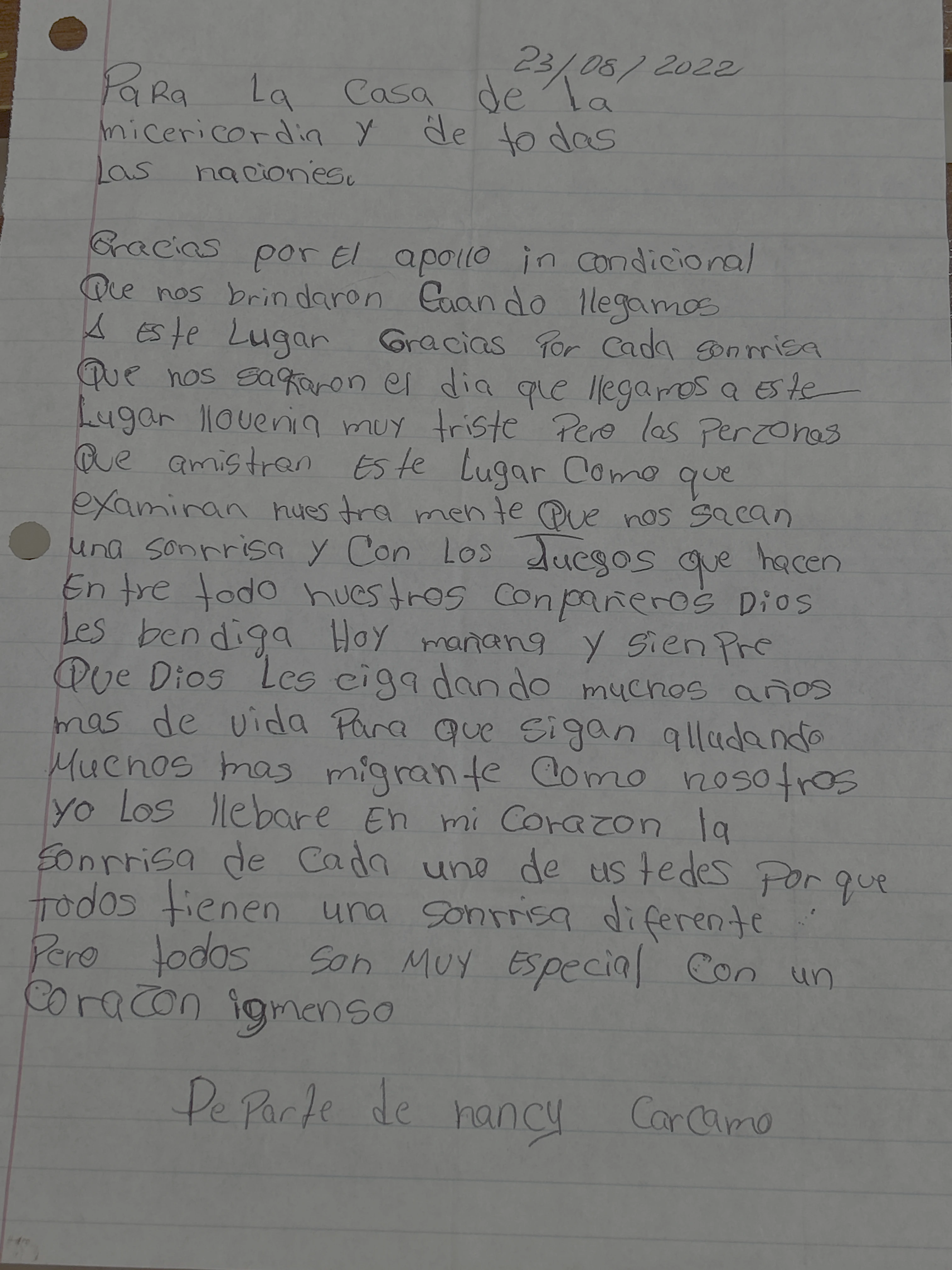 Carta de Nancy Cárcamo
