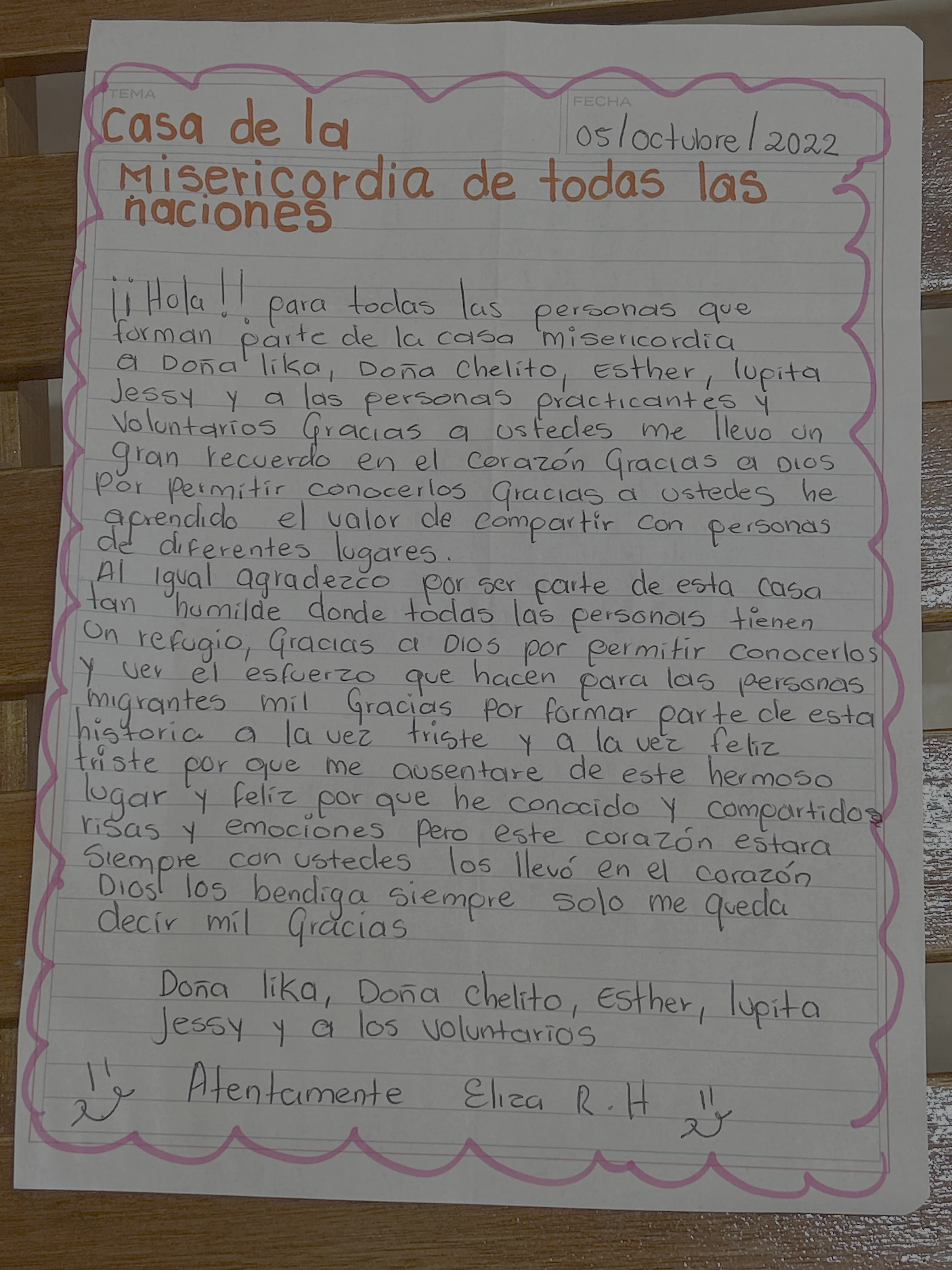 Carta de Eliza R.H.