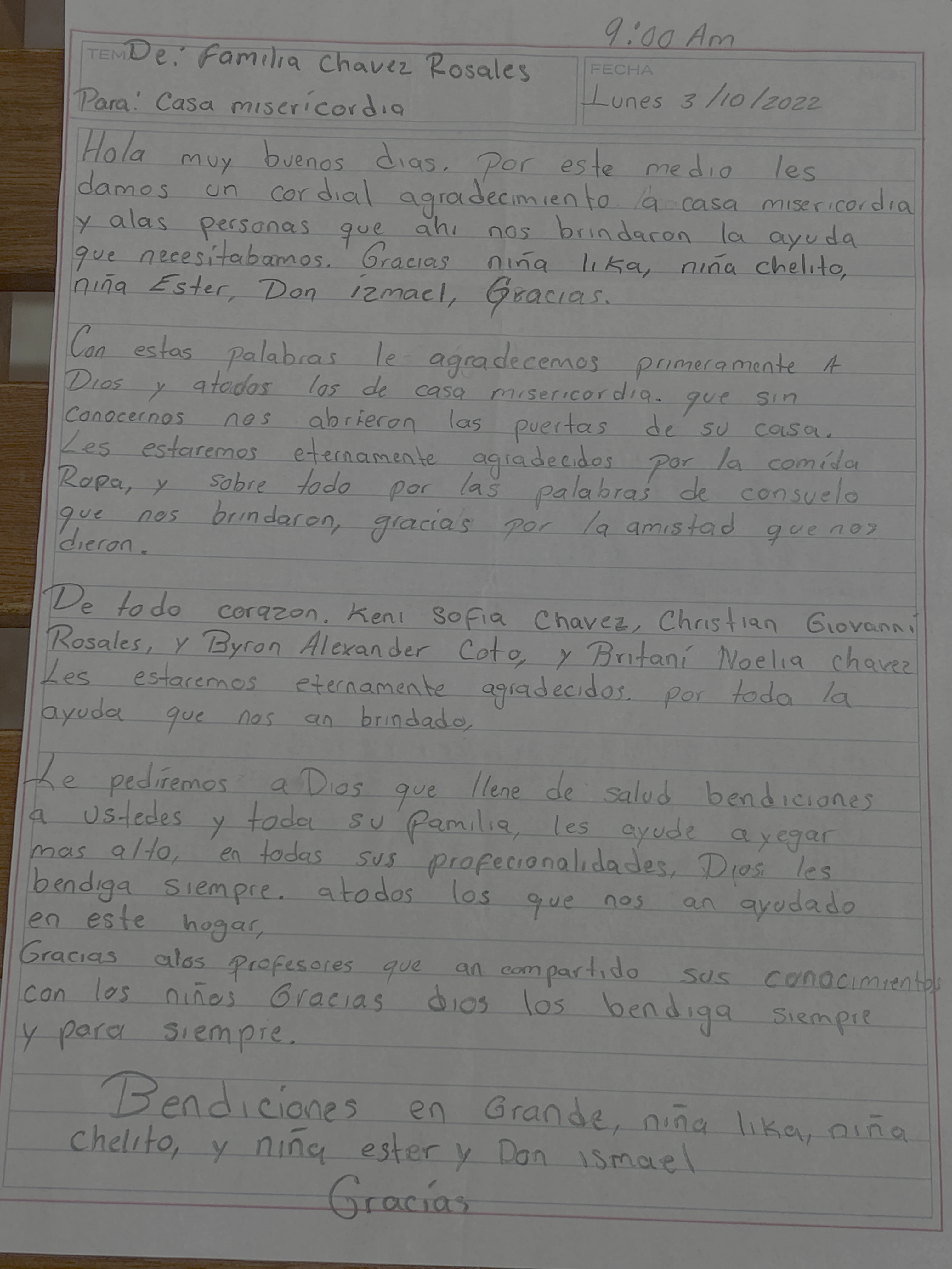 Carta de Familia Chávez Rosales