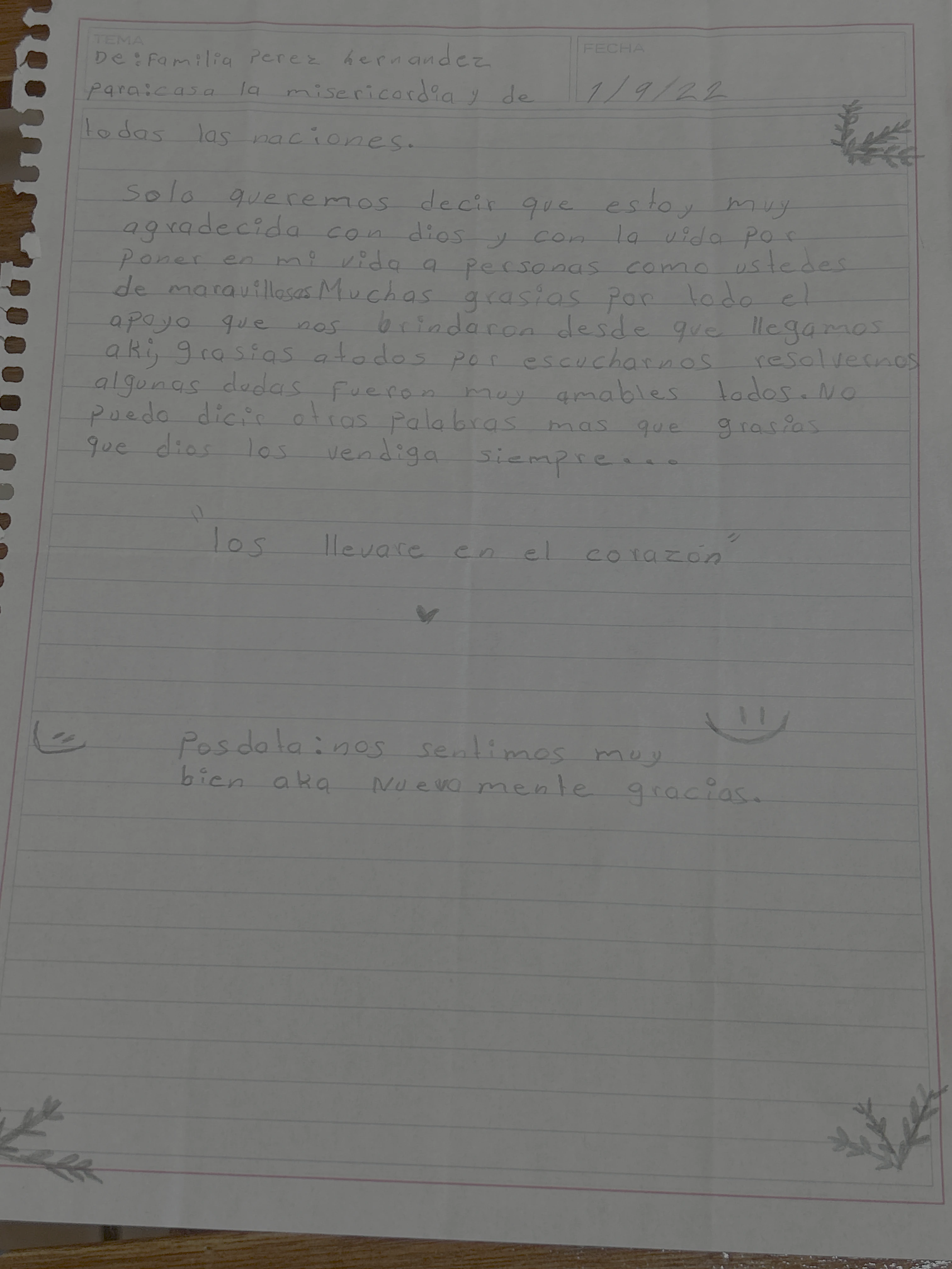 Carta de Familia Pérez Hernández