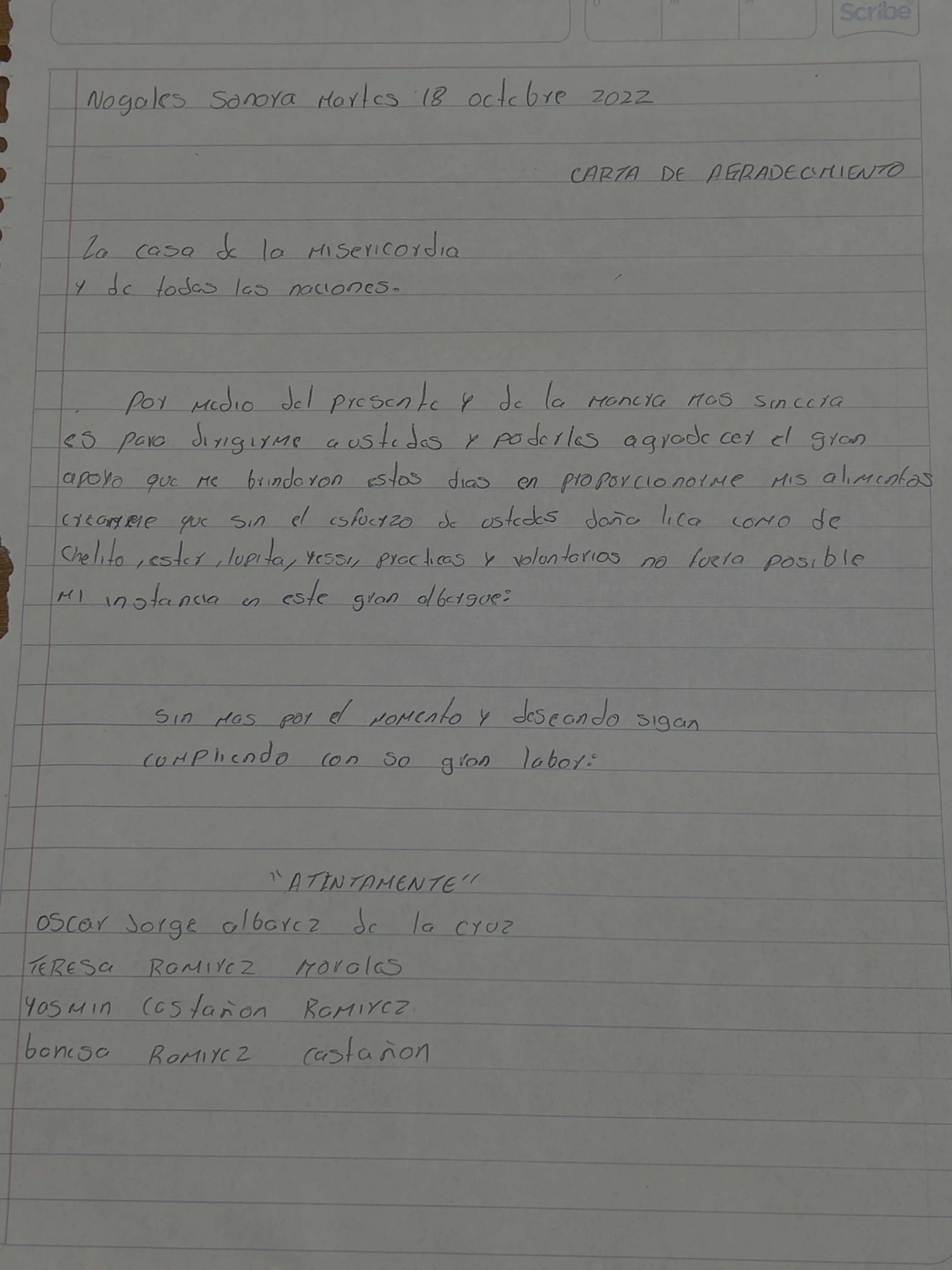 Carta de Oscar Jorge Álvarez de la Cruz